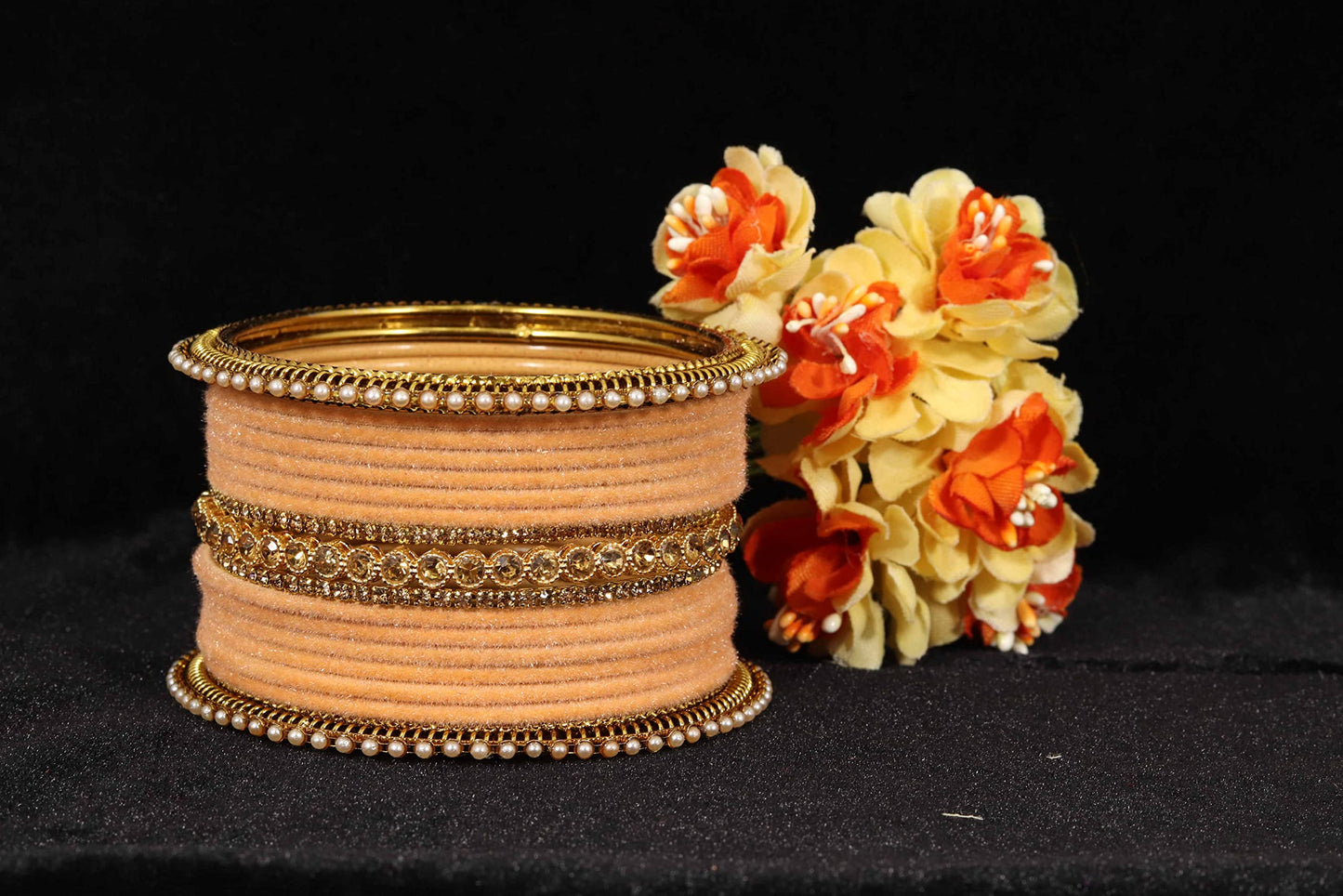 T4 Jewels Metal Velvet Bangles Studded Zircon Diamond Stone & Pearls | Stylish Women's Bangles | Metal bangles | Gold Plated Bangles T4 Jewels