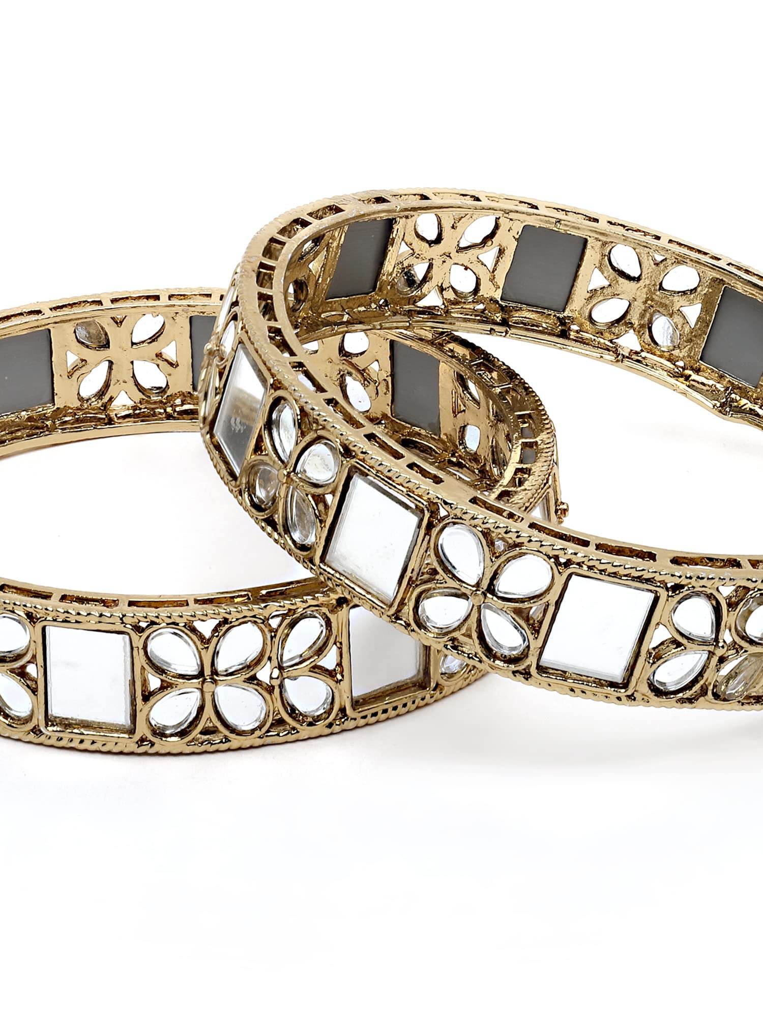T4 Jewels Set of 2 Antique Gold Plated Floral Kundan Mirror Work Bangles for Women T4 Jewels