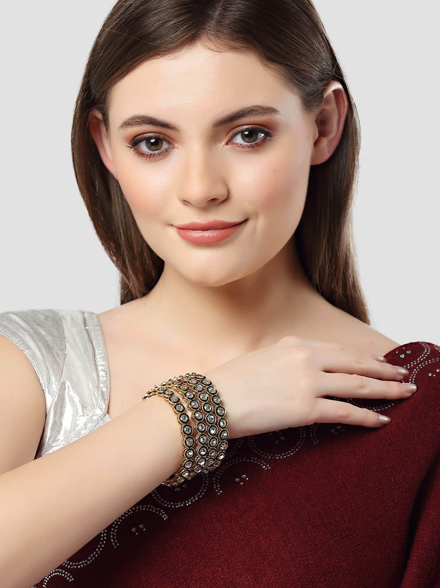 T4 Jewels Set of 4 Antique Gold Plated Green Kundan Rajwadi Bangles for Women T4 Jewels