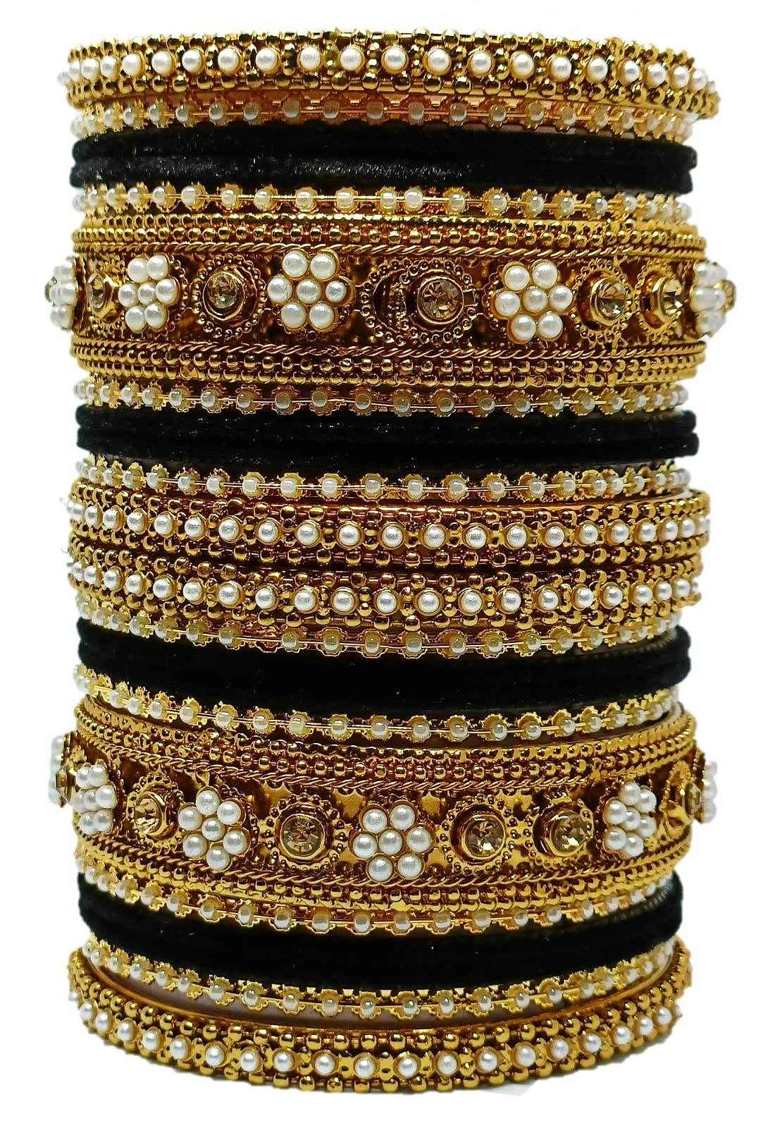 T4 Jewels Gold-Plated Flower Designer Metal Bangles Set (Bridal Chuda) - 52NO Black All Bangle Sets T4 Jewels