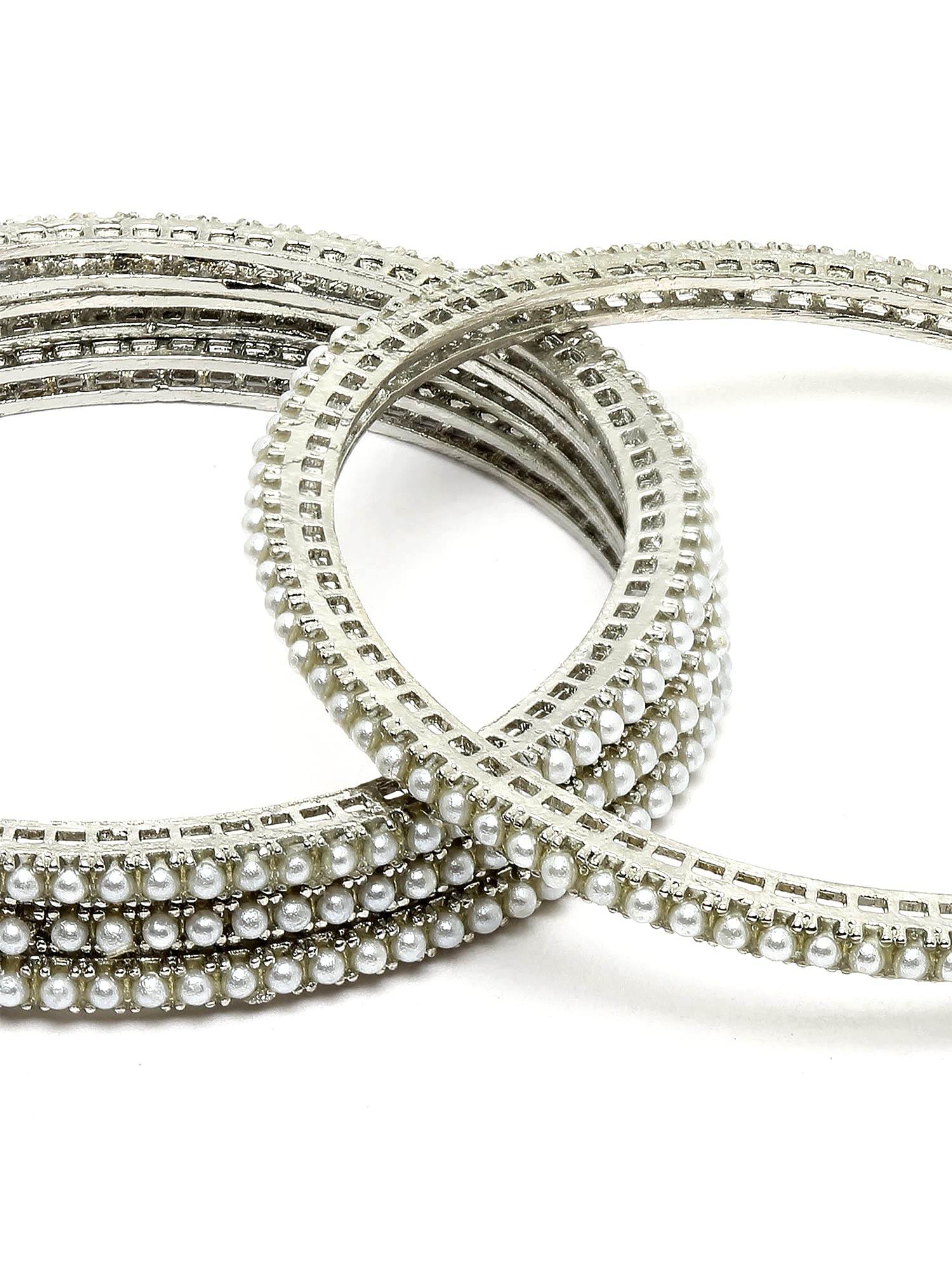 T4 Jewels Oxidised Silver Pearl Studded Tribal Set of 4 Bangles for Women T4 Jewels