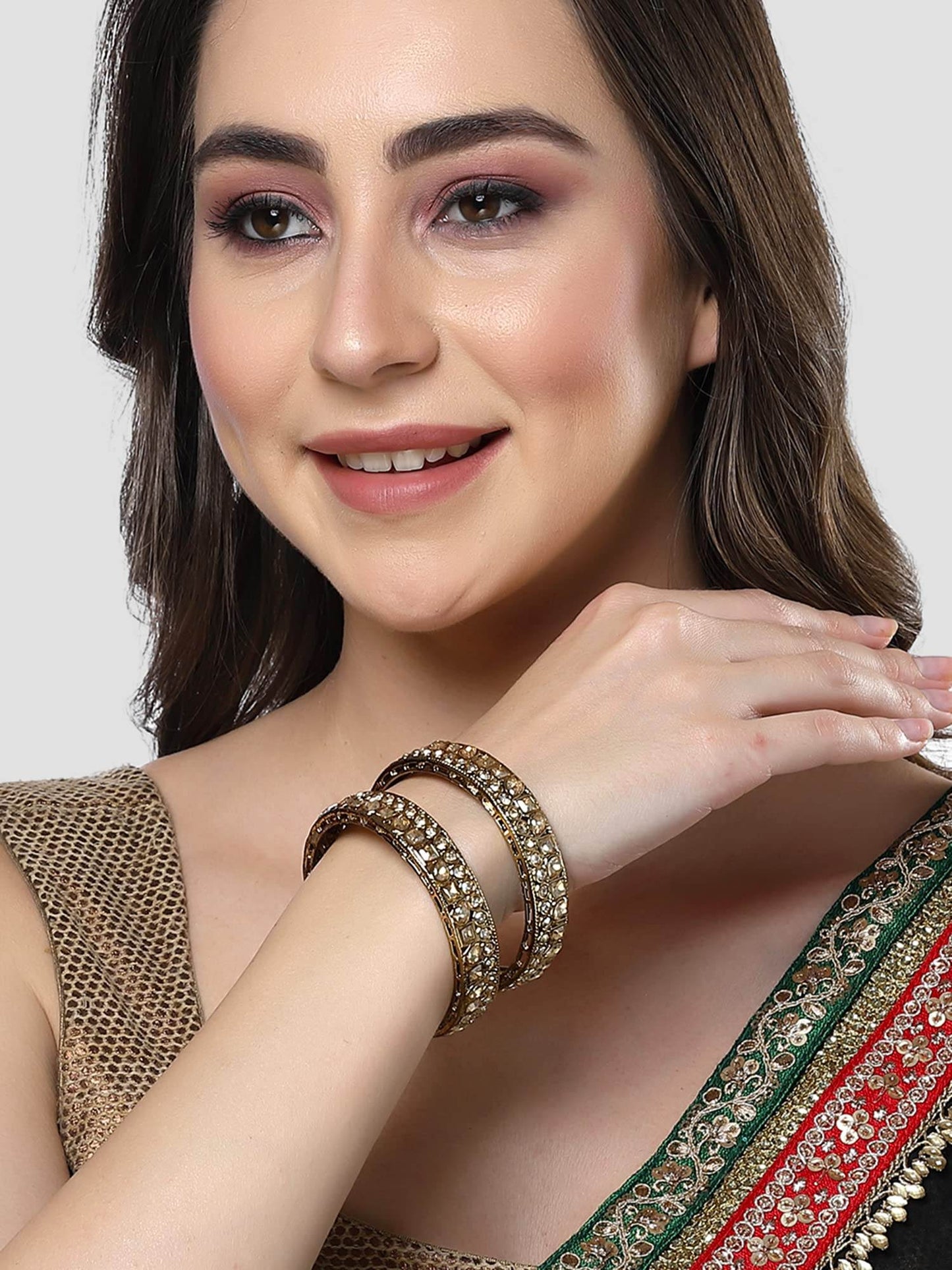 T4 Jewels Set of 2 Golden Kundan Studded Antique Gold Plated Bangles for Women T4 Jewels