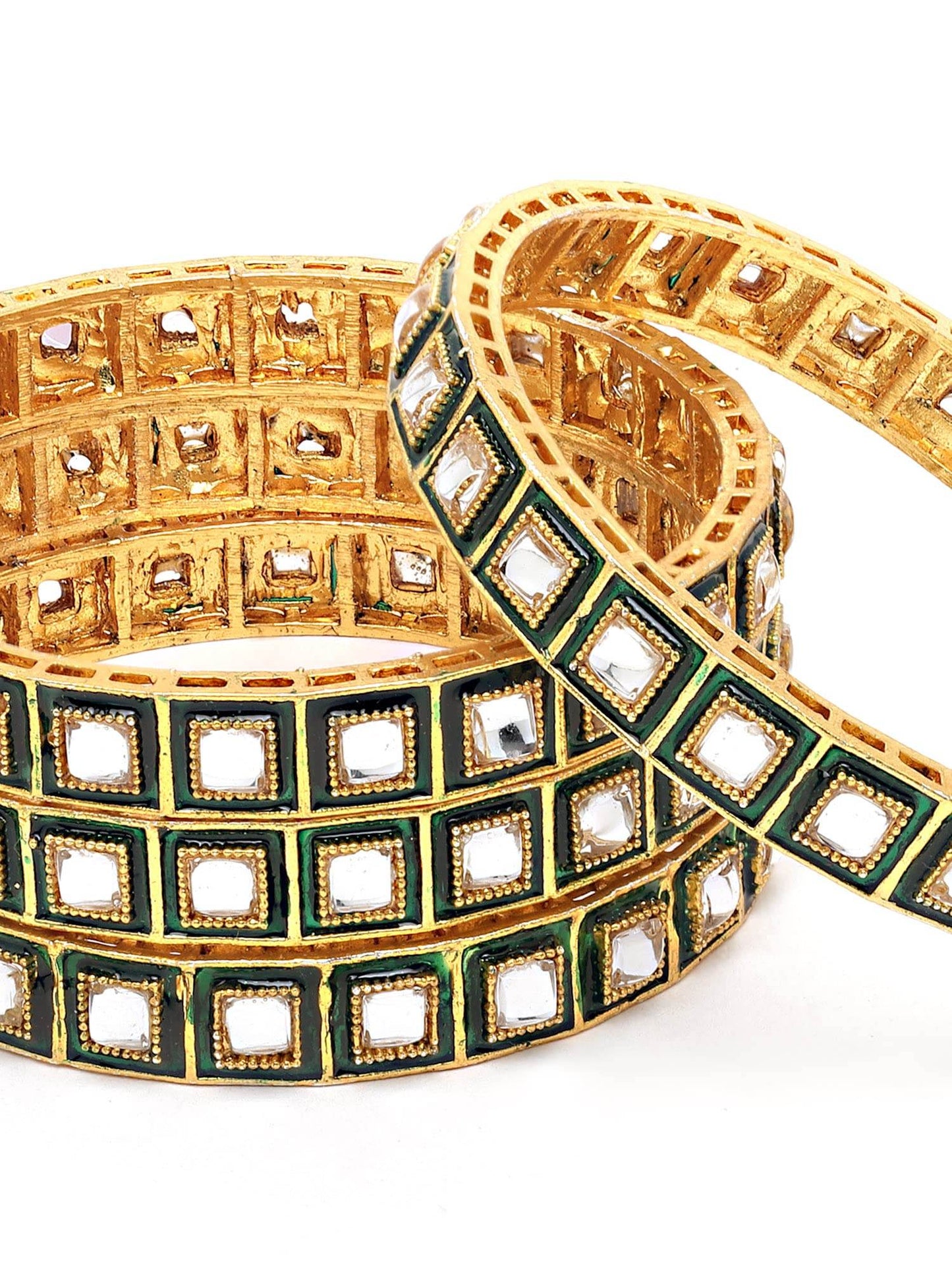 T4 Jewels Set of 4 Antique Gold Plated Green Meena Work Kundan Bangles for Women T4 Jewels