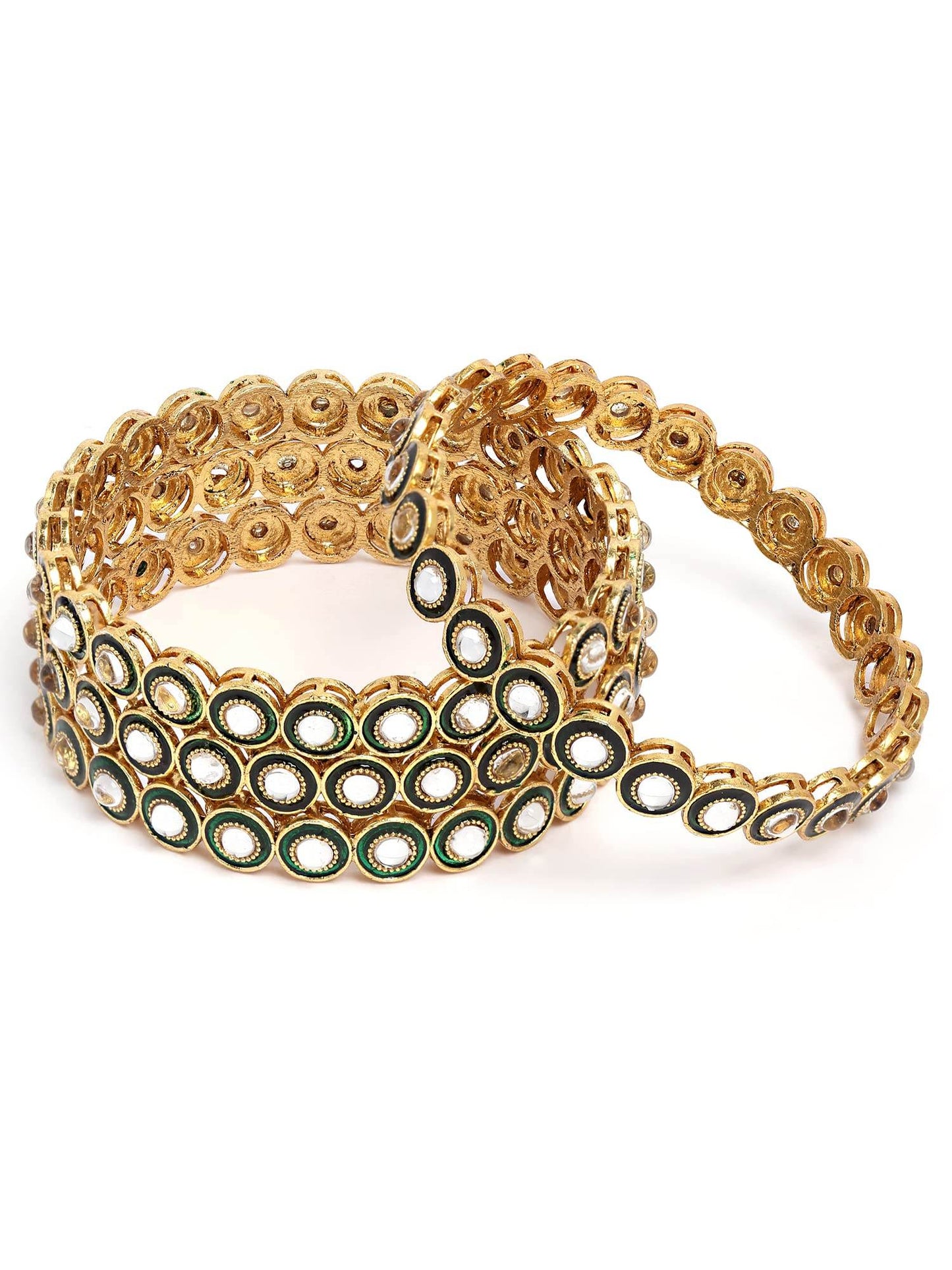 T4 Jewels Set of 4 Antique Gold Plated Green Kundan Rajwadi Bangles for Women 2.6 T4 Jewels