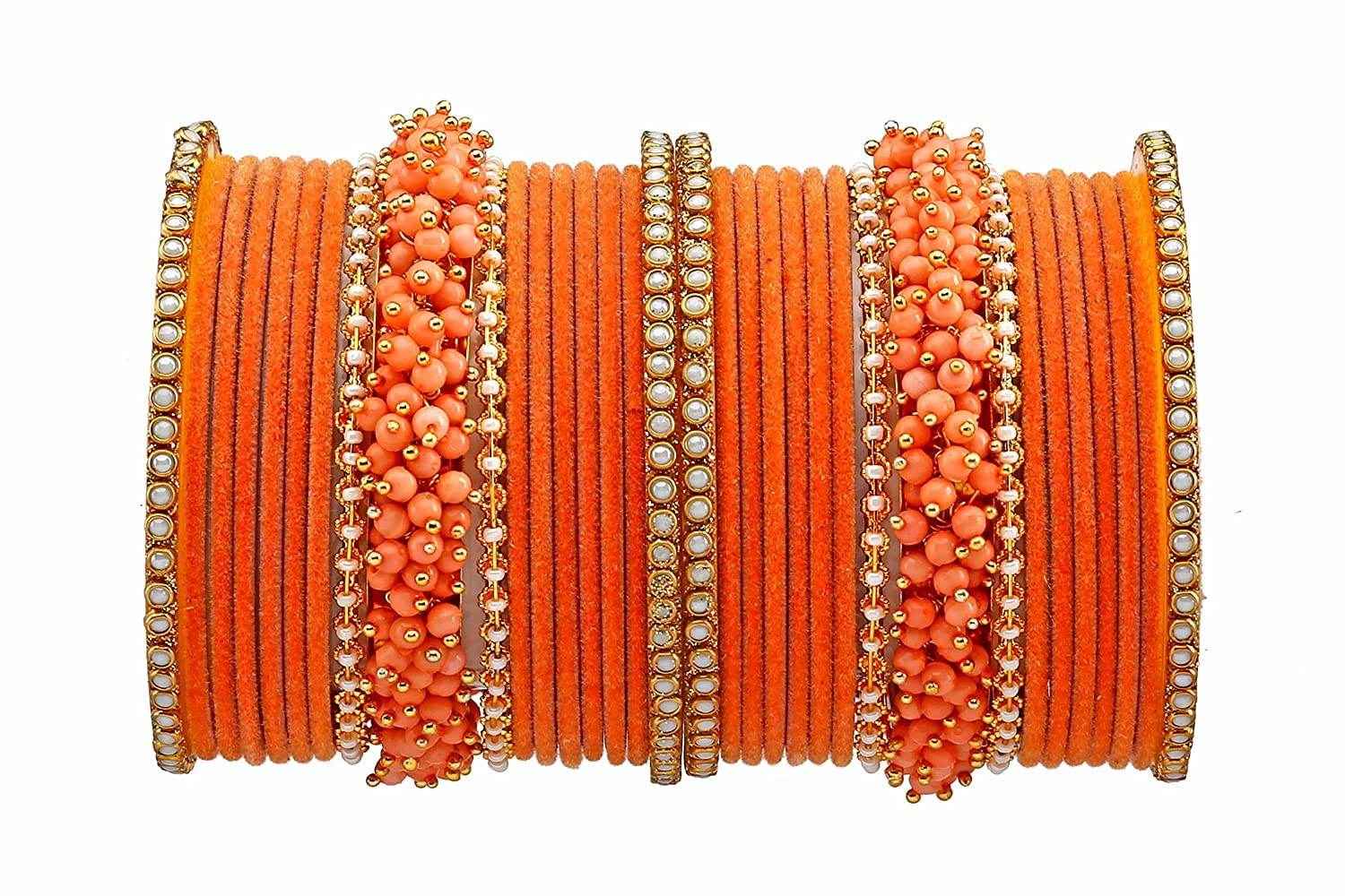 T4 Jewels Brass Metal Velvet Pearl And Beads Glossy Finished Bangles Set (Set For 2 Hand) - 59NO Peach Bangle Sets T4 Jewels