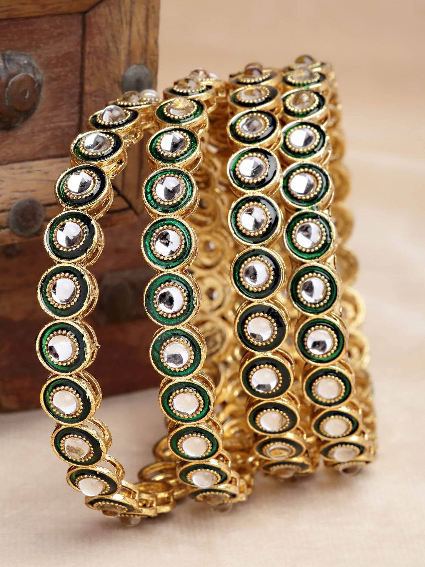 T4 Jewels Set of 4 Antique Gold Plated Green Kundan Rajwadi Bangles for Women T4 Jewels