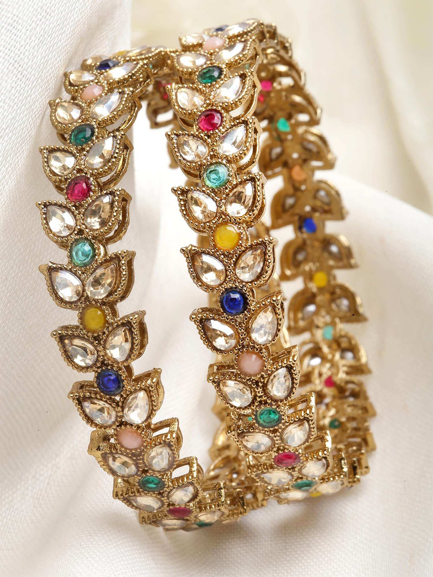 T4 Jewels Set of 2 Antique Gold Plated Multicolor Kundan Rajwadi Bangles for Women T4 Jewels