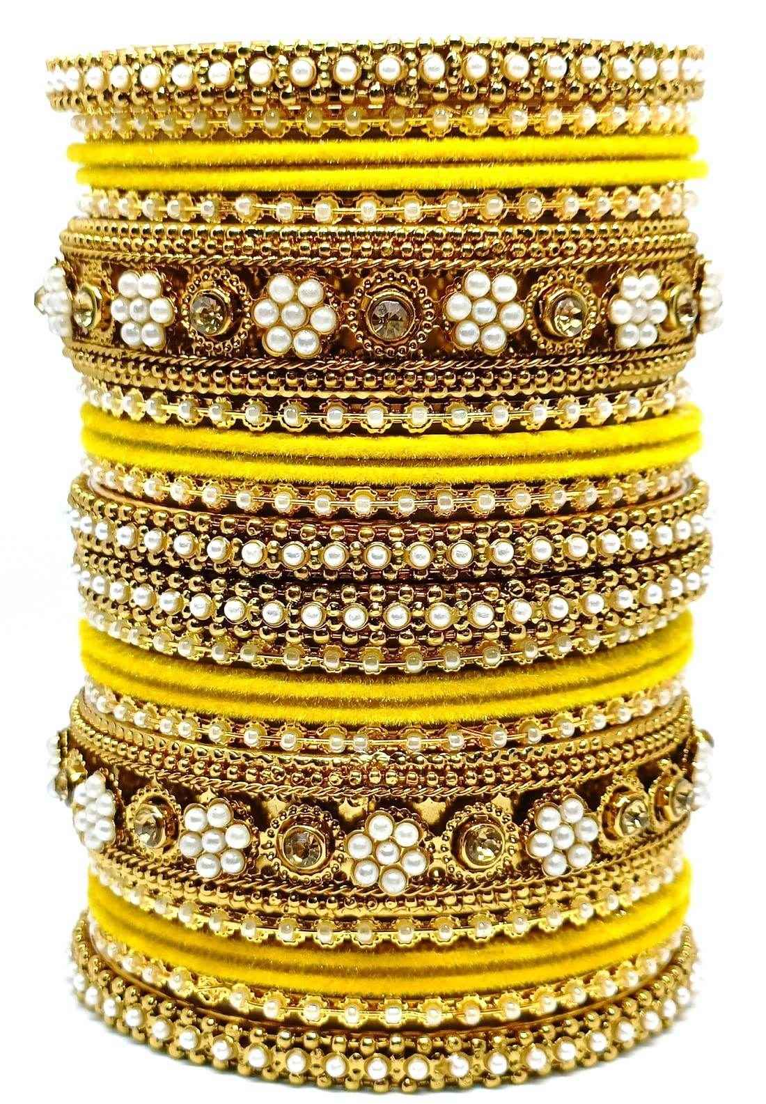 T4 Jewels Gold-Plated Flower Designer Metal Bangles Set (Bridal Chuda) - 52NO Yellow All Bangle Sets T4 Jewels