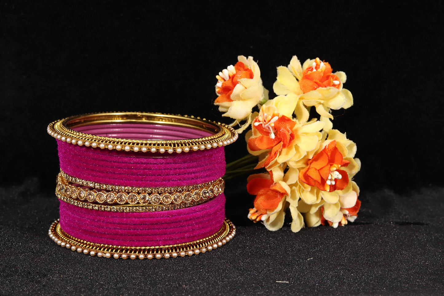 T4 Jewels Metal Velvet Bangles Studded Zircon Diamond Stone & Pearls | Stylish Women's Bangles | Metal bangles | Gold Plated Bangles T4 Jewels