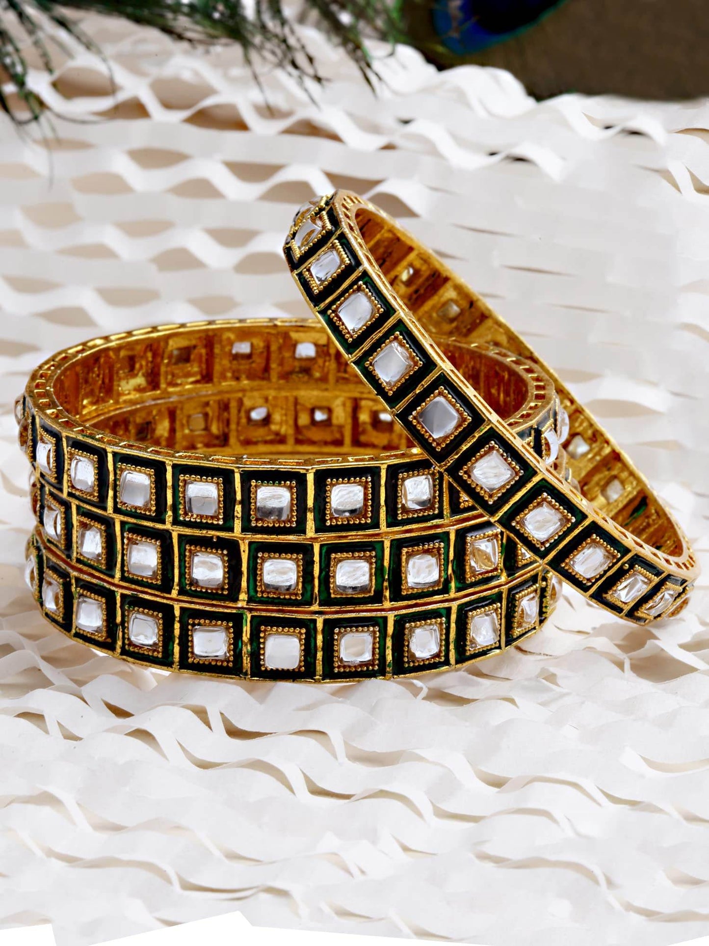 T4 Jewels Set of 4 Antique Gold Plated Green Meena Work Kundan Bangles for Women T4 Jewels