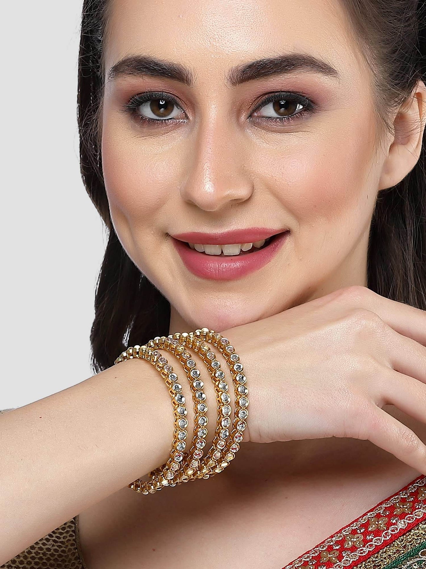 T4 Jewels Set of 4 Gold Plated Round Shape White Kundan Studded Bangles for Women T4 Jewels