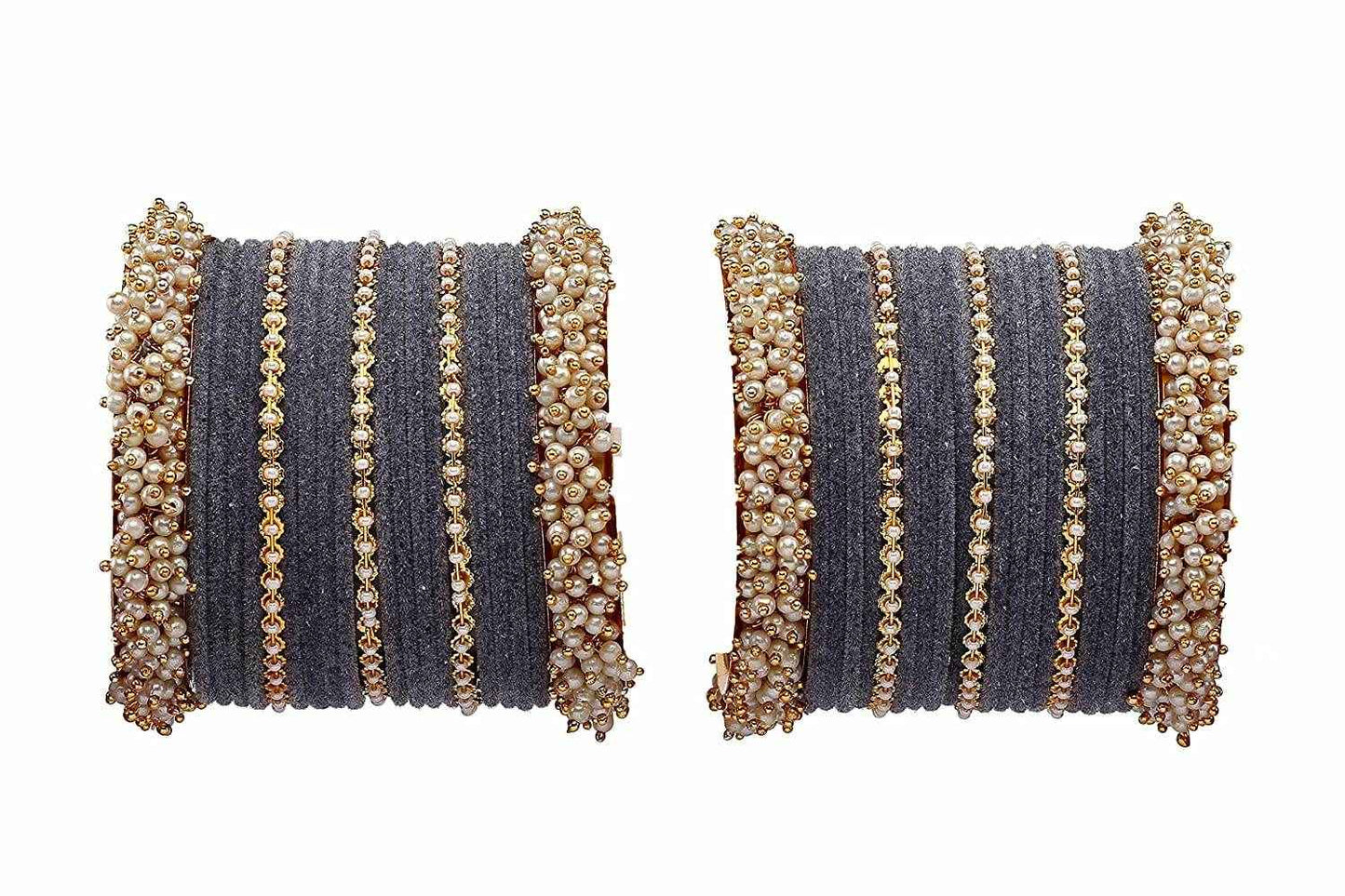 T4 Jewels Stylish Latest Collection Fashion Jewellery Pearl And Stone Glossy Finished Metal Bangles Set - 70NO Grey All Bangle Sets T4 Jewels