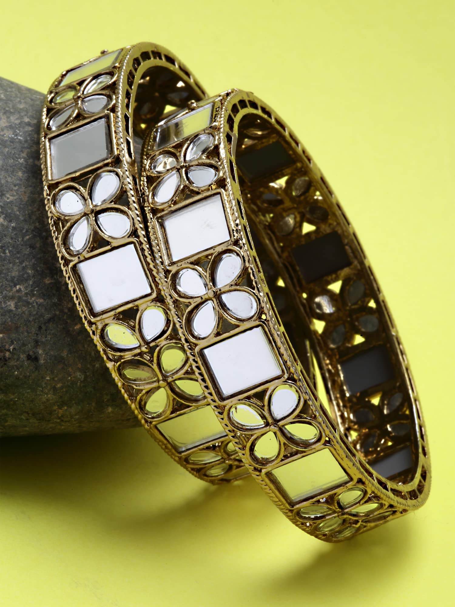 T4 Jewels Set of 2 Antique Gold Plated Floral Kundan Mirror Work Bangles for Women T4 Jewels