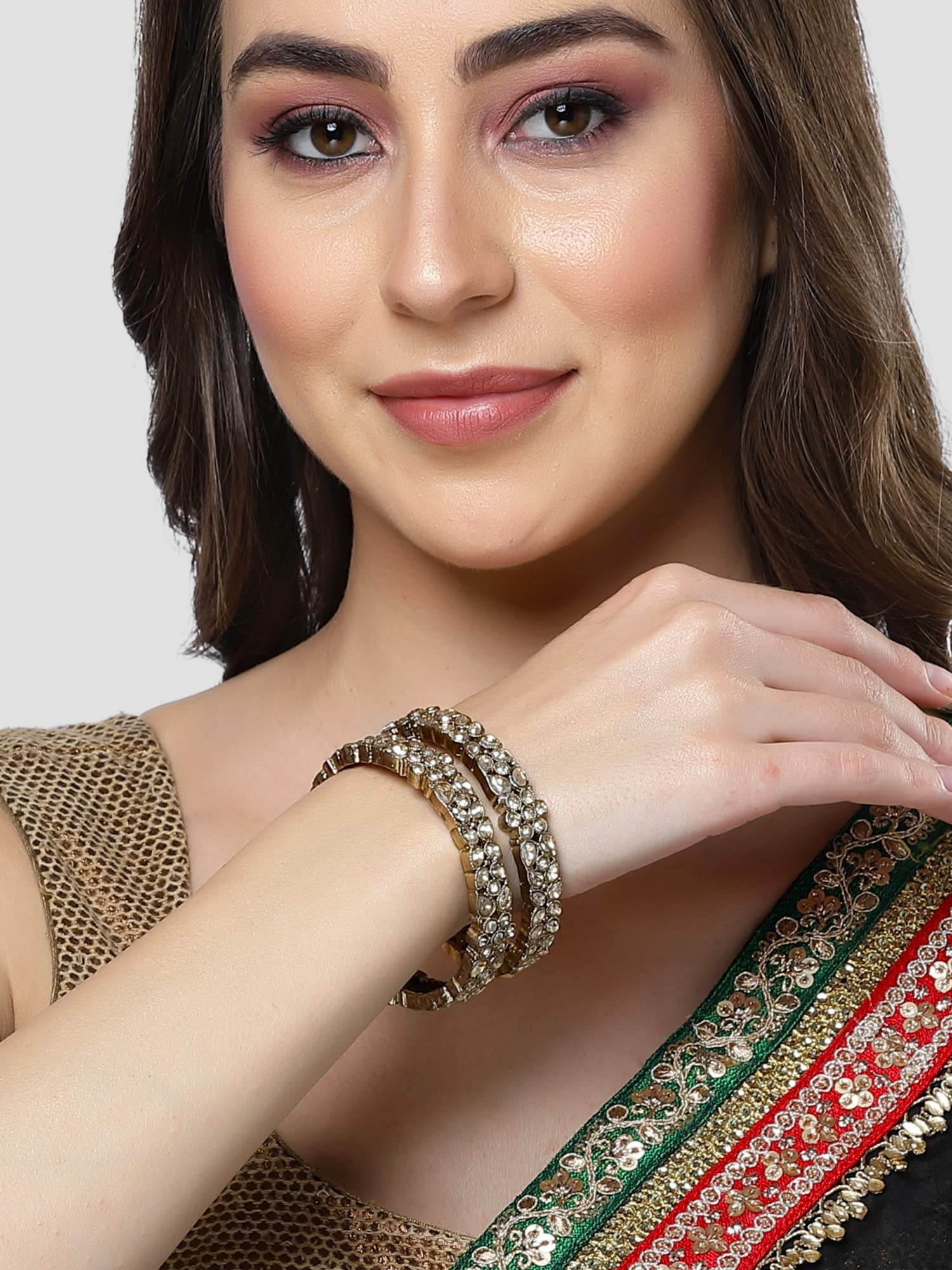 T4 Jewels Set of 2 Antique Gold Plated Floral Shape Kundan Rajwadi Bangles for Women T4 Jewels