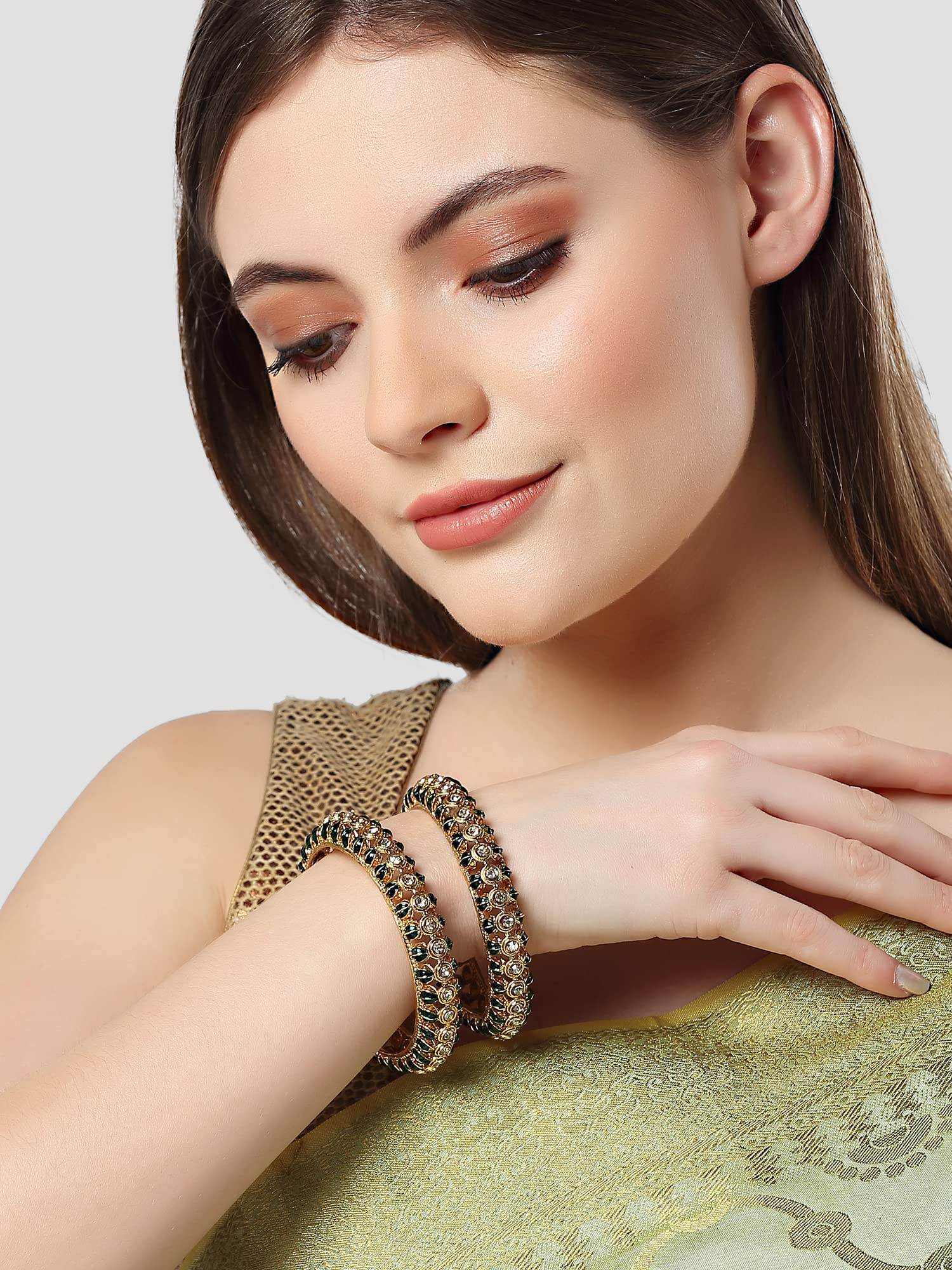 T4 Jewels Set of 2 Antique Gold Plated Green Kundan Rajwadi Bangles for Women T4 Jewels