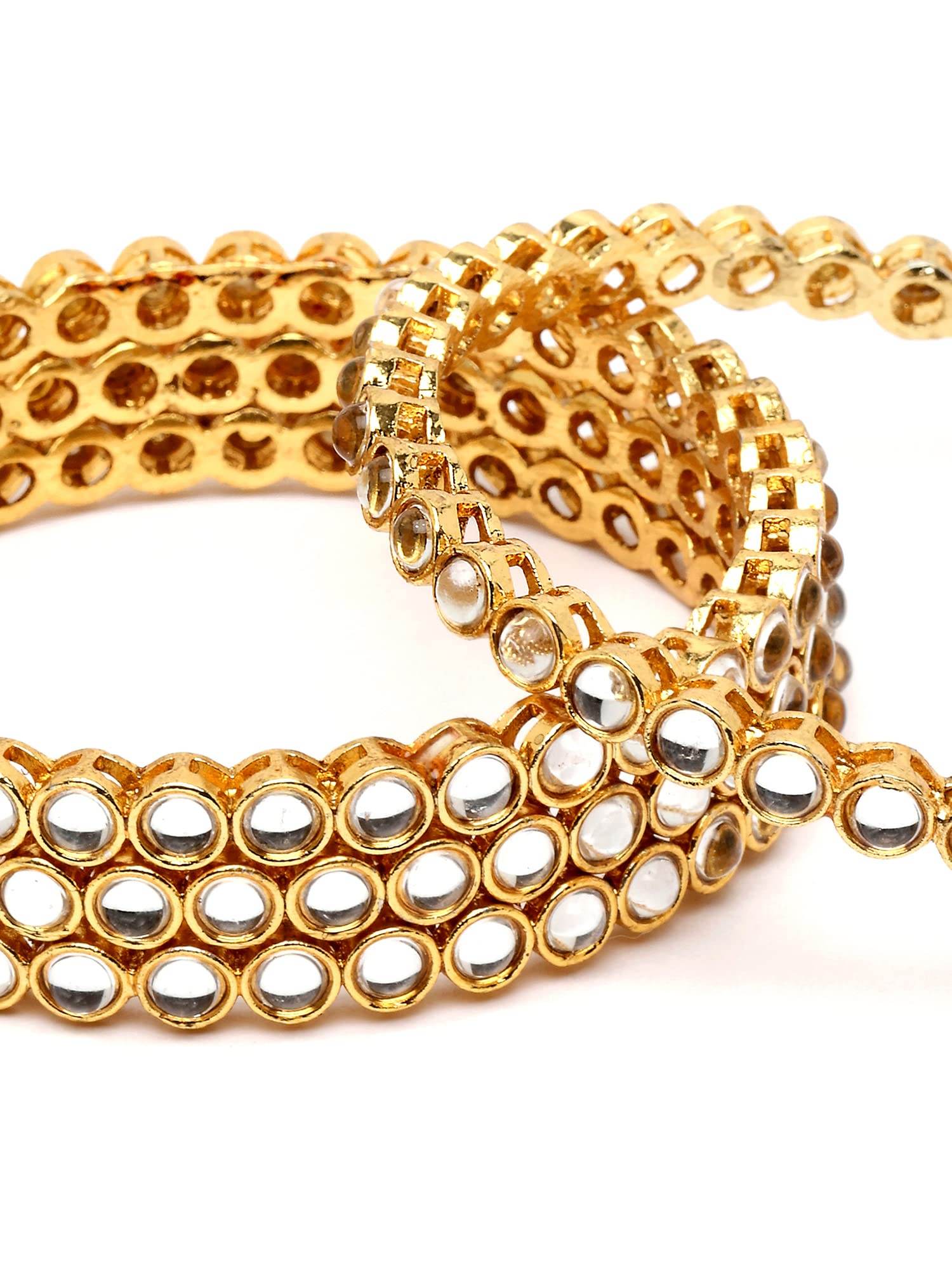 T4 Jewels Set of 4 Gold Plated Round Shape White Kundan Studded Bangles for Women T4 Jewels