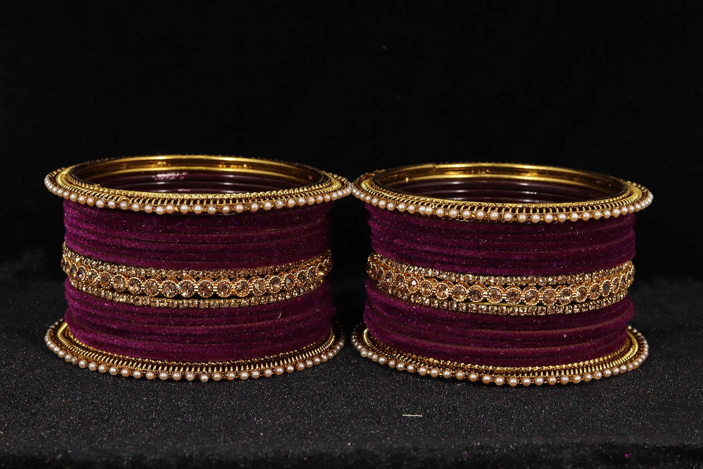 T4 Jewels Metal Velvet Bangles Studded Zircon Diamond Stone & Pearls | Stylish Women's Bangles | Metal bangles | Gold Plated Bangles T4 Jewels