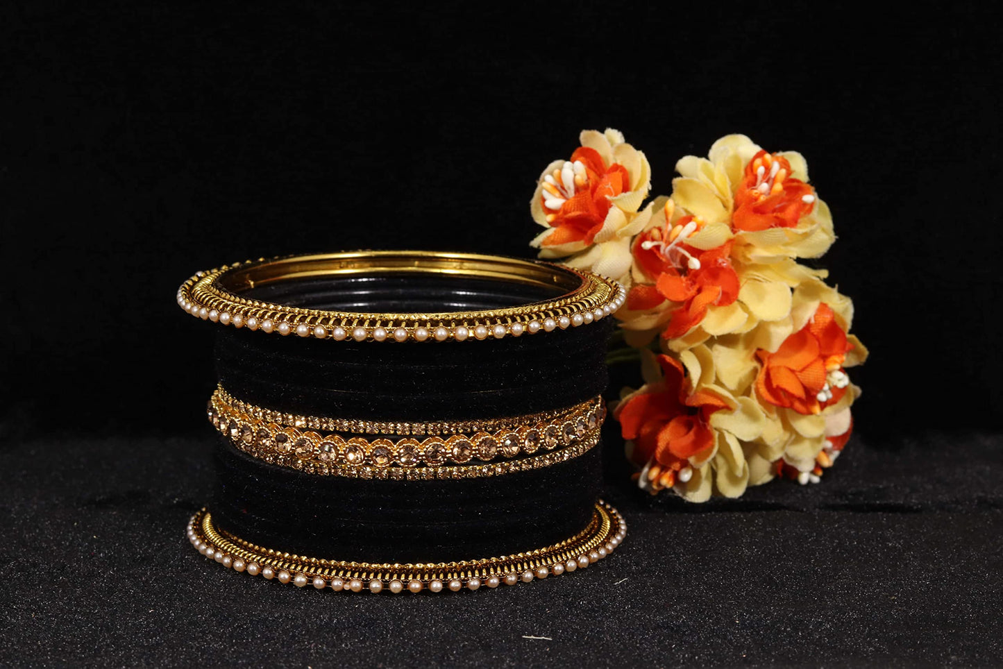 T4 Jewels Metal Velvet Bangles Studded Zircon Diamond Stone & Pearls | Stylish Women's Bangles | Metal bangles | Gold Plated Bangles T4 Jewels