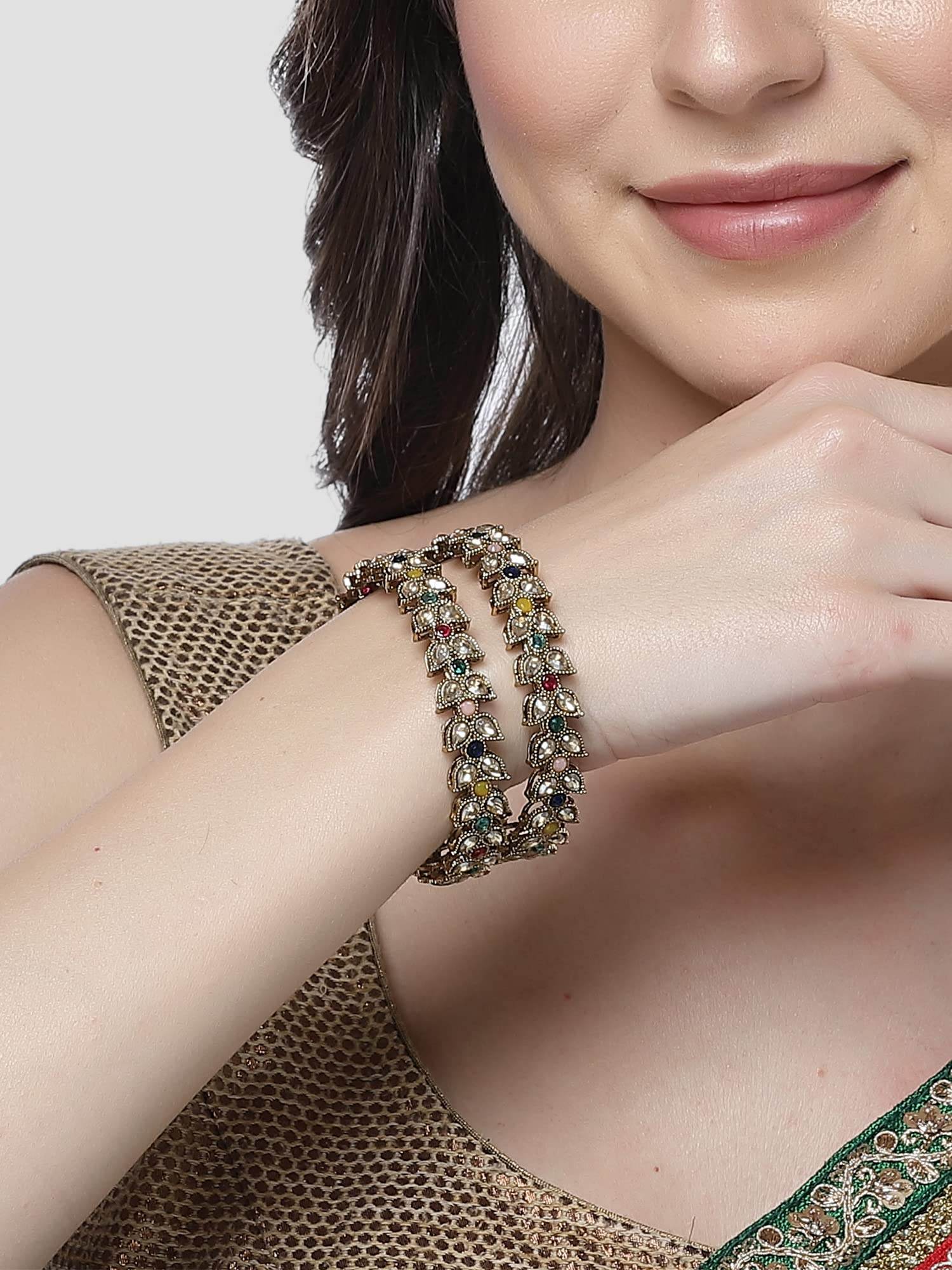 T4 Jewels Set of 2 Antique Gold Plated Multicolor Kundan Rajwadi Bangles for Women T4 Jewels