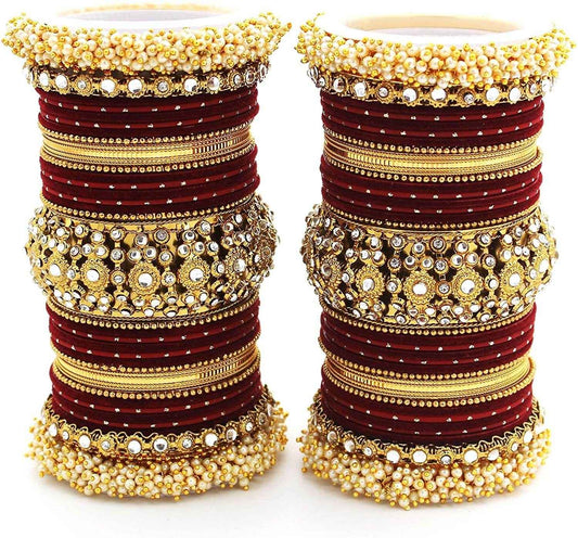 T4 Jewels Pearl Cubic Zirconia Kundan Bangles Set Red/Green/Blue/Pink Colours Bridal Chuda/Wedding Chuda - 90NO. Maroon All Bangle Sets T4 Jewels