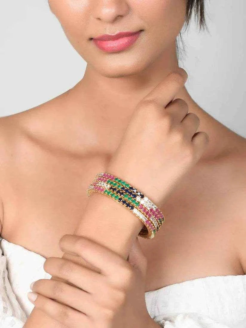 Emerald Sapphire Ruby Diamond Designer Set of 4 Gold Bangles (AD-008) AD Bangles T4 Jewels