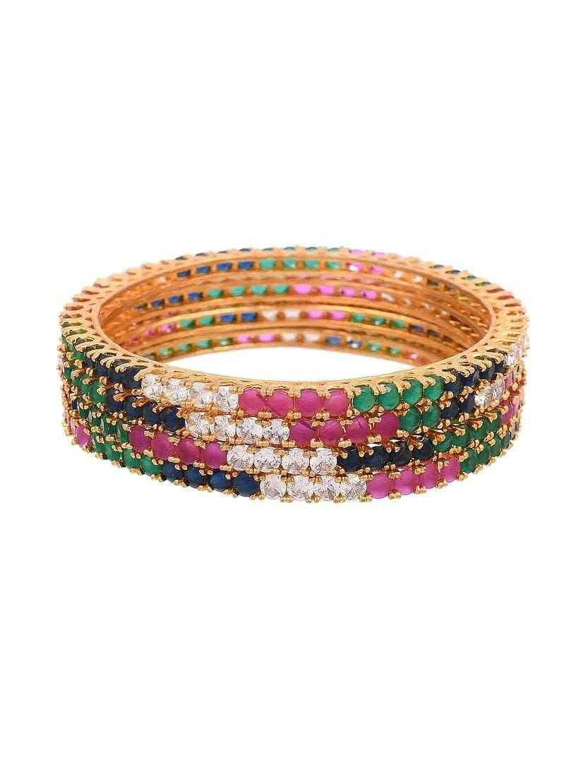 Emerald Sapphire Ruby Diamond Designer Set of 4 Gold Bangles (AD-008) AD Bangles T4 Jewels