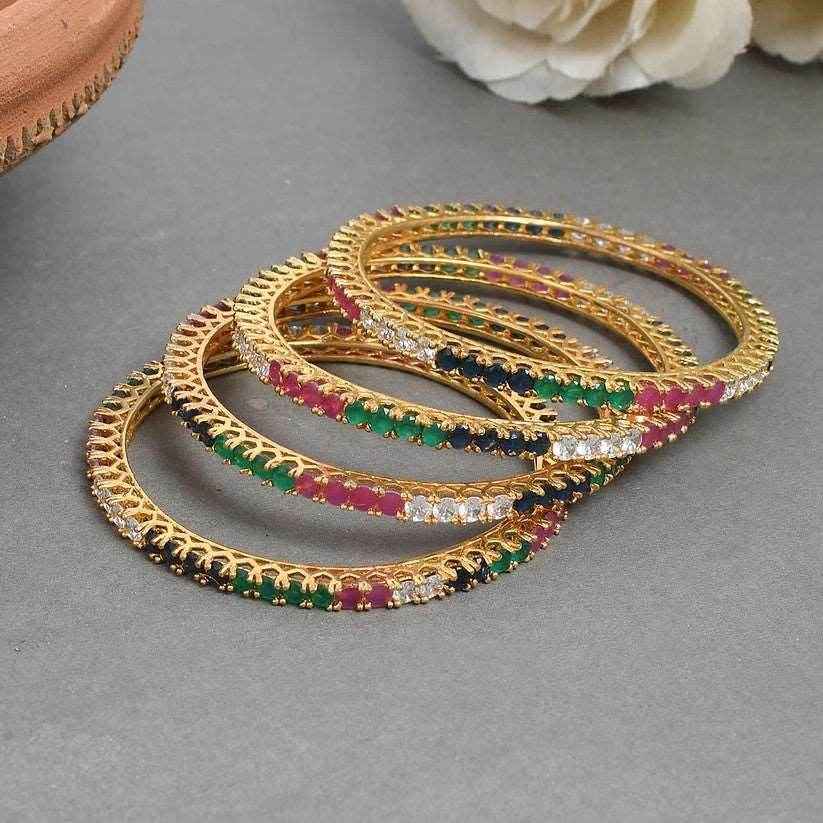 Emerald Sapphire Ruby Diamond Designer Set of 4 Gold Bangles (AD-008) AD Bangles T4 Jewels