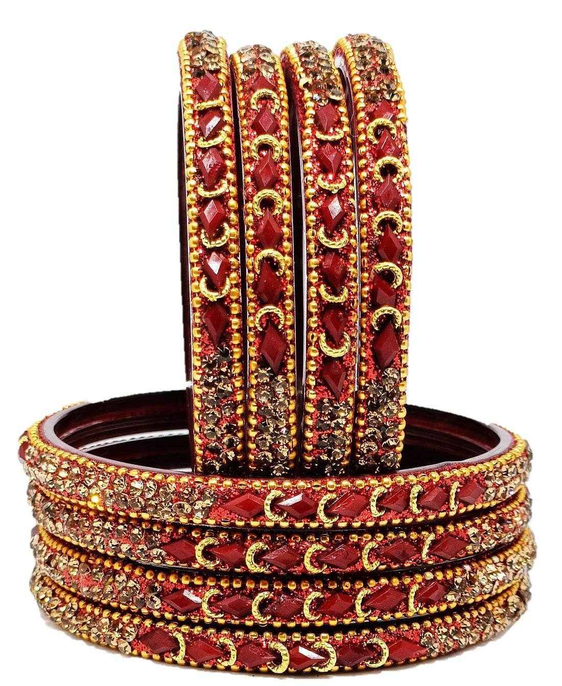 T4 Jewels (Large Size) Red, Green MultiColor Glass Kada Bangles (Pack Of 8)-NLKNTH Maroon Large Size Bangles T4 Jewels