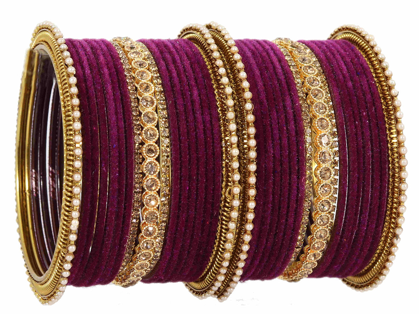 T4 Jewels Metal Velvet Bangles Studded Zircon Diamond Stone & Pearls | Stylish Women's Bangles | Metal bangles | Gold Plated Bangles Purple T4 Jewels