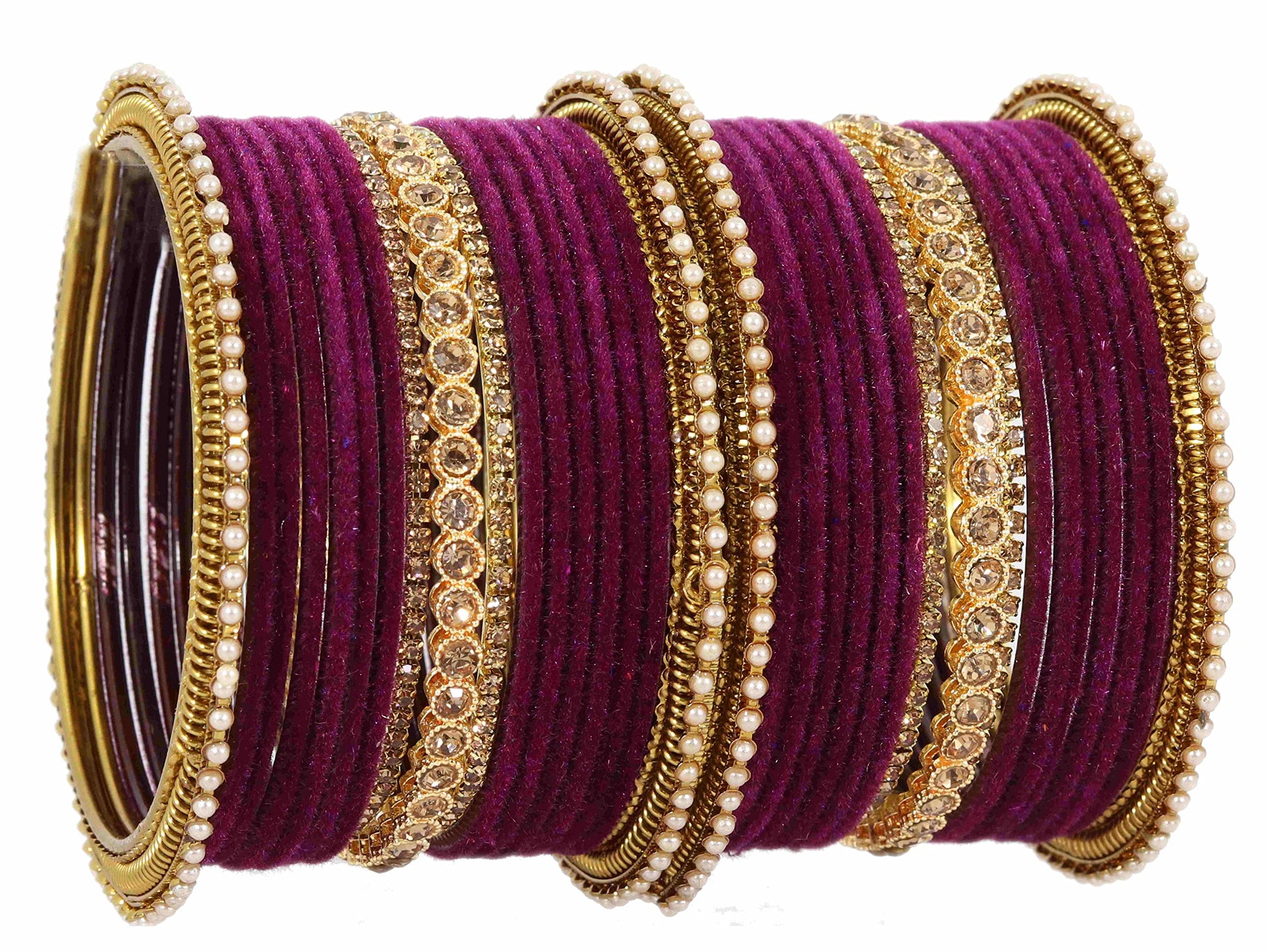 T4 Jewels Metal Velvet Bangles Studded Zircon Diamond Stone & Pearls | Stylish Women's Bangles | Metal bangles | Gold Plated Bangles Purple T4 Jewels