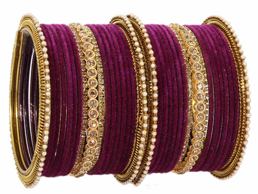 T4 Jewels Metal Velvet Bangles Studded Zircon Diamond Stone & Pearls | Stylish Women's Bangles | Metal bangles | Gold Plated Bangles Purple T4 Jewels