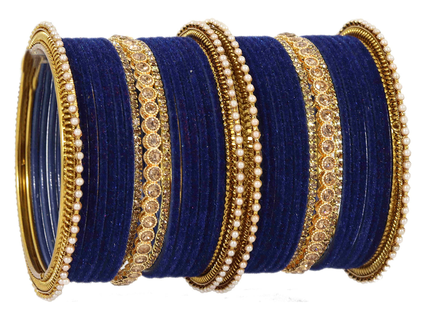 T4 Jewels Metal Velvet Bangles Studded Zircon Diamond Stone & Pearls | Stylish Women's Bangles | Metal bangles | Gold Plated Bangles Darkblue T4 Jewels