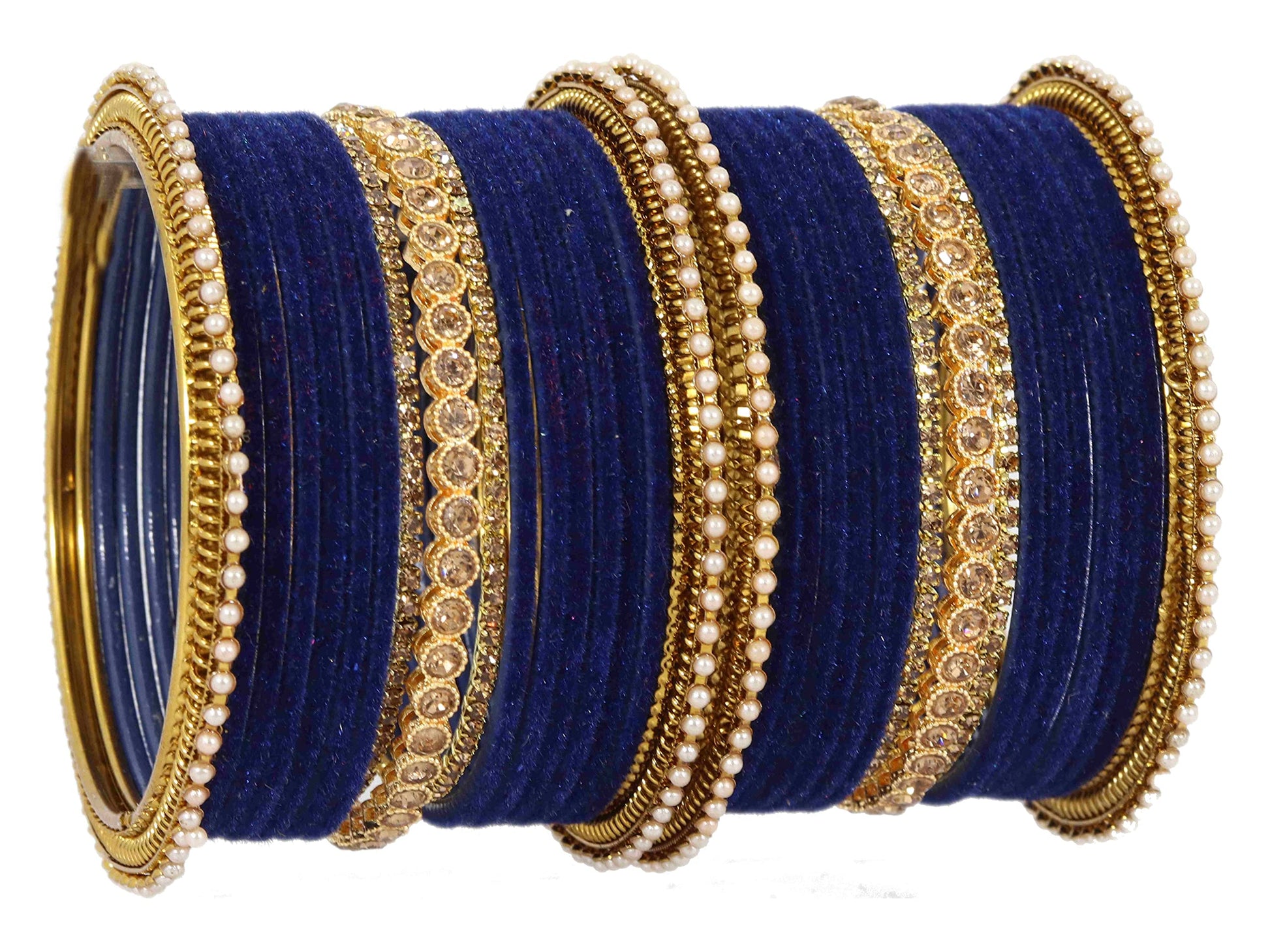 T4 Jewels Metal Velvet Bangles Studded Zircon Diamond Stone & Pearls | Stylish Women's Bangles | Metal bangles | Gold Plated Bangles Darkblue T4 Jewels
