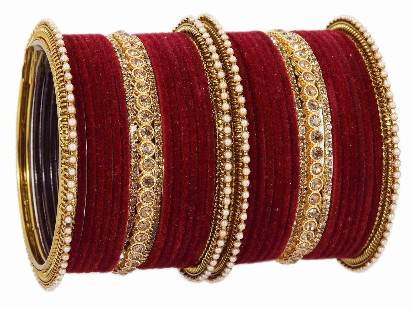 T4 Jewels Metal Velvet Bangles Studded Zircon Diamond Stone & Pearls | Stylish Women's Bangles | Metal bangles | Gold Plated Bangles Maroon T4 Jewels