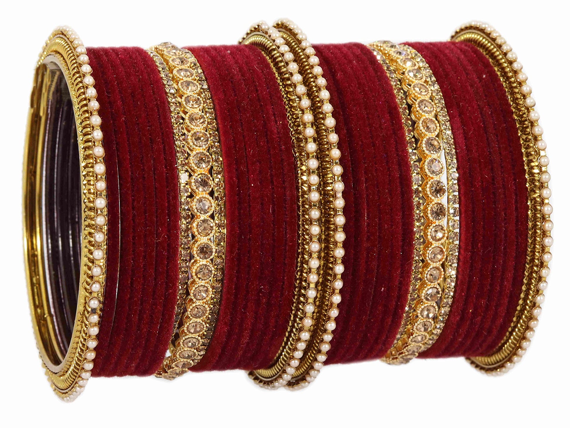T4 Jewels Metal Velvet Bangles Studded Zircon Diamond Stone & Pearls | Stylish Women's Bangles | Metal bangles | Gold Plated Bangles Maroon T4 Jewels