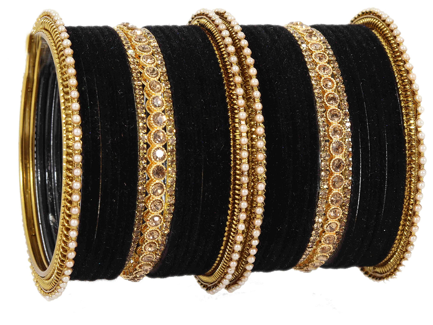 T4 Jewels Metal Velvet Bangles Studded Zircon Diamond Stone & Pearls | Stylish Women's Bangles | Metal bangles | Gold Plated Bangles Black T4 Jewels
