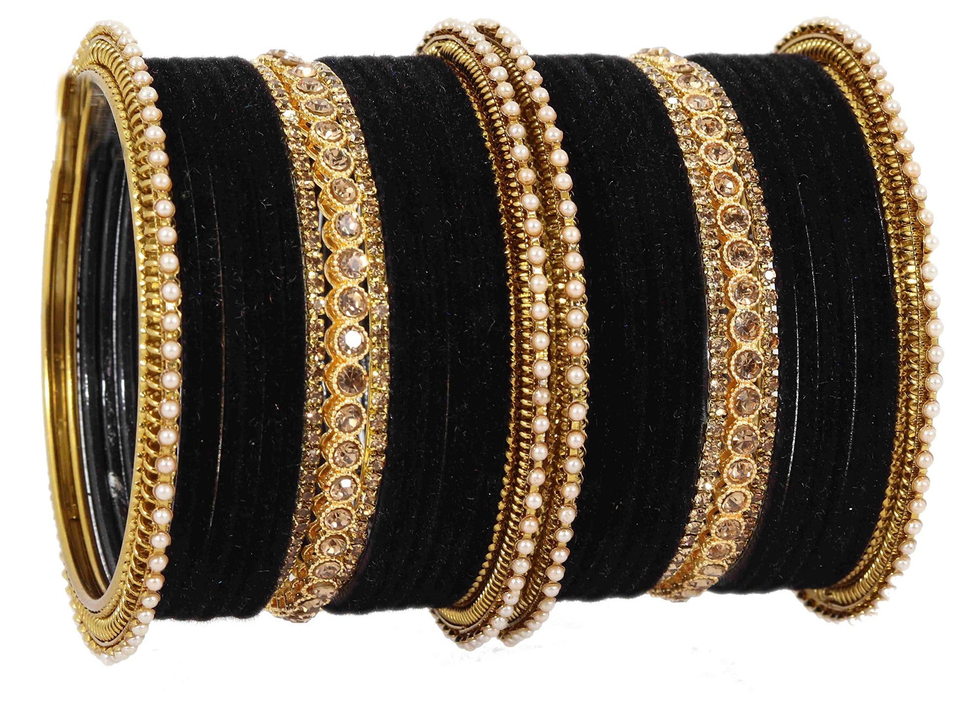 T4 Jewels Metal Velvet Bangles Studded Zircon Diamond Stone & Pearls | Stylish Women's Bangles | Metal bangles | Gold Plated Bangles Black T4 Jewels