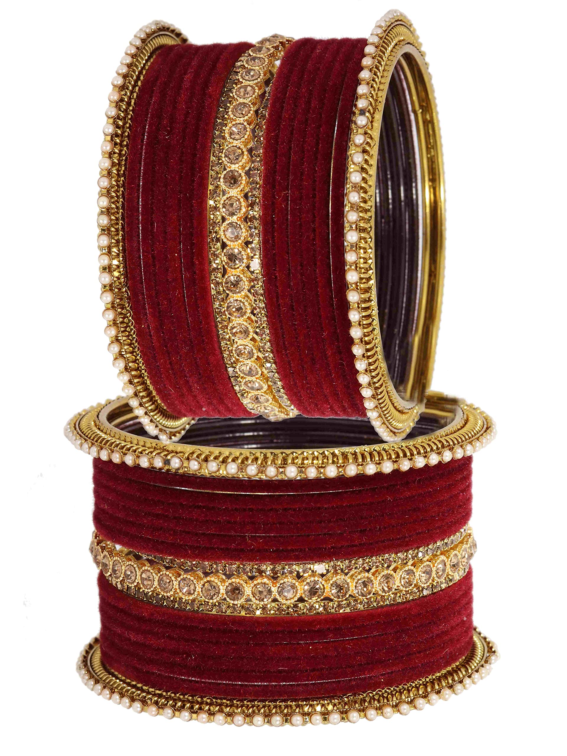 T4 Jewels Metal Velvet Bangles Studded Zircon Diamond Stone & Pearls | Stylish Women's Bangles | Metal bangles | Gold Plated Bangles T4 Jewels