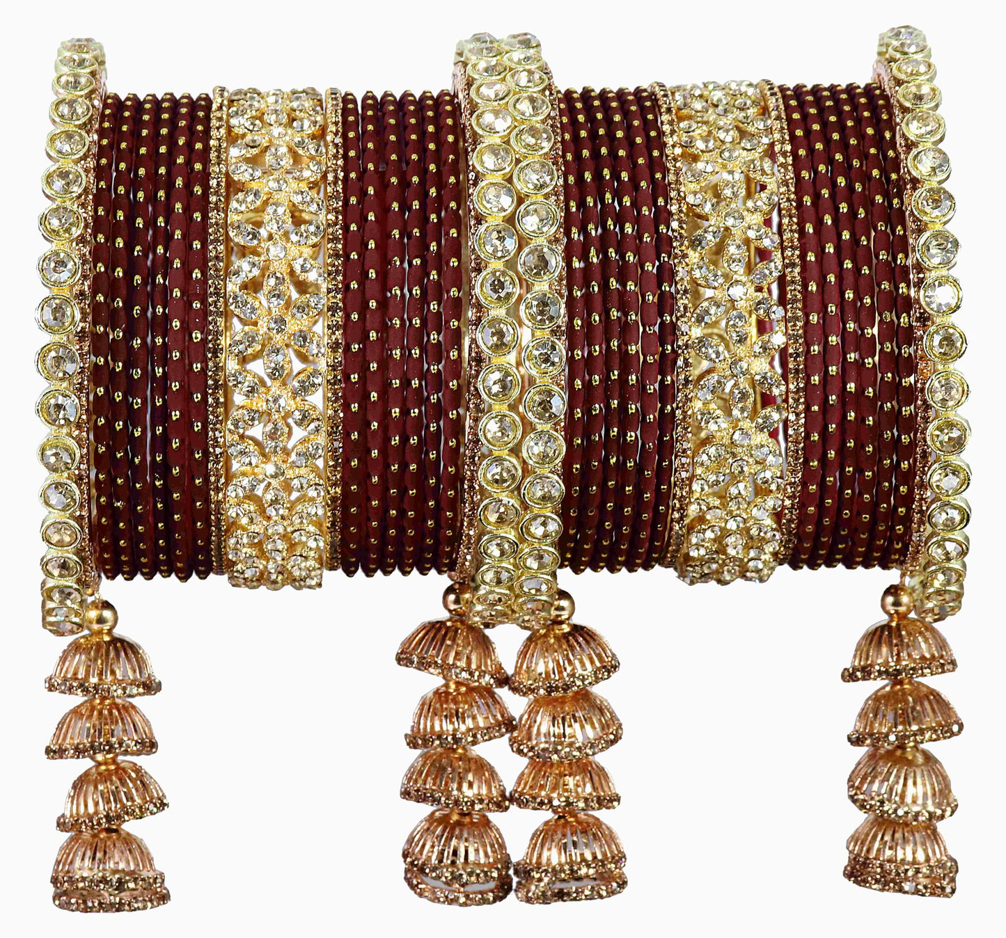 T4 Jewels Metal Bangles Latkan Chuda Set with American Diamond, Zircon Stone & Polka Dots | Dulhan Chuda Set Wedding | Punjabi Chuda | Chooda Bangles- Set of 38 2.6 Maroon T4 Jewels