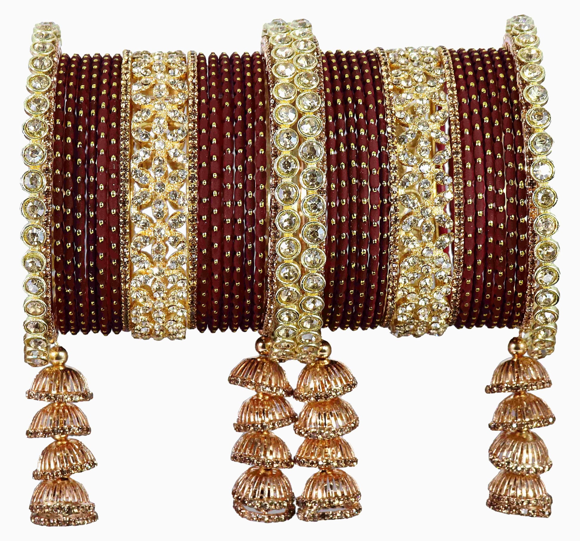 T4 Jewels Metal Bangles Latkan Chuda Set with American Diamond, Zircon Stone & Polka Dots | Dulhan Chuda Set Wedding | Punjabi Chuda | Chooda Bangles- Set of 38 2.6 Maroon T4 Jewels