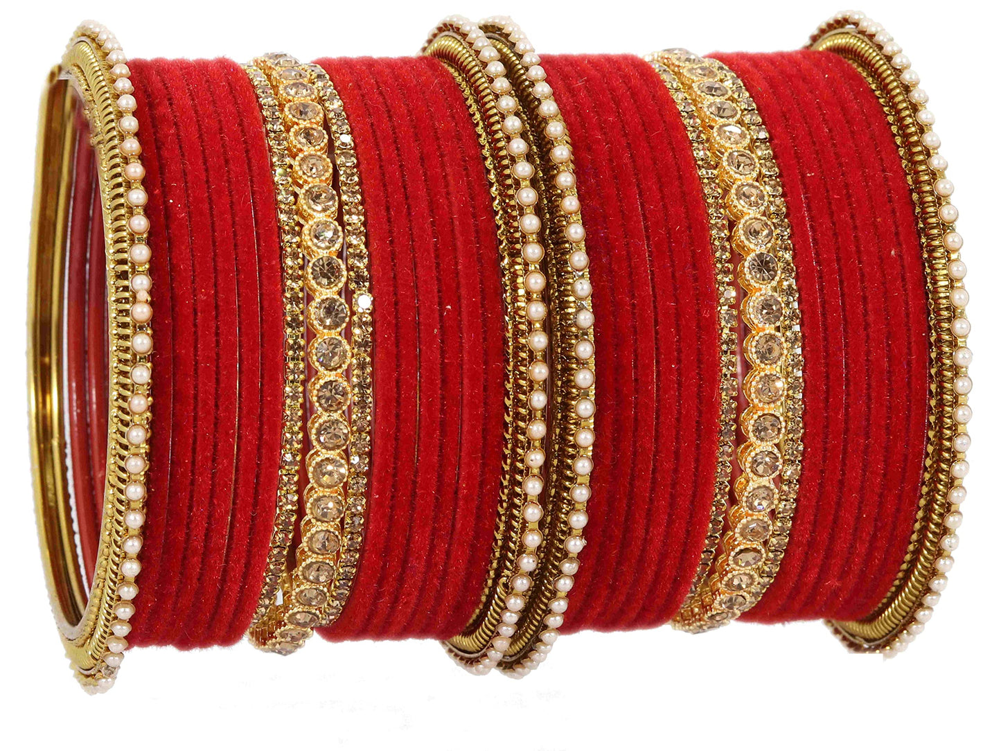T4 Jewels Metal Velvet Bangles Studded Zircon Diamond Stone & Pearls | Stylish Women's Bangles | Metal bangles | Gold Plated Bangles Red T4 Jewels