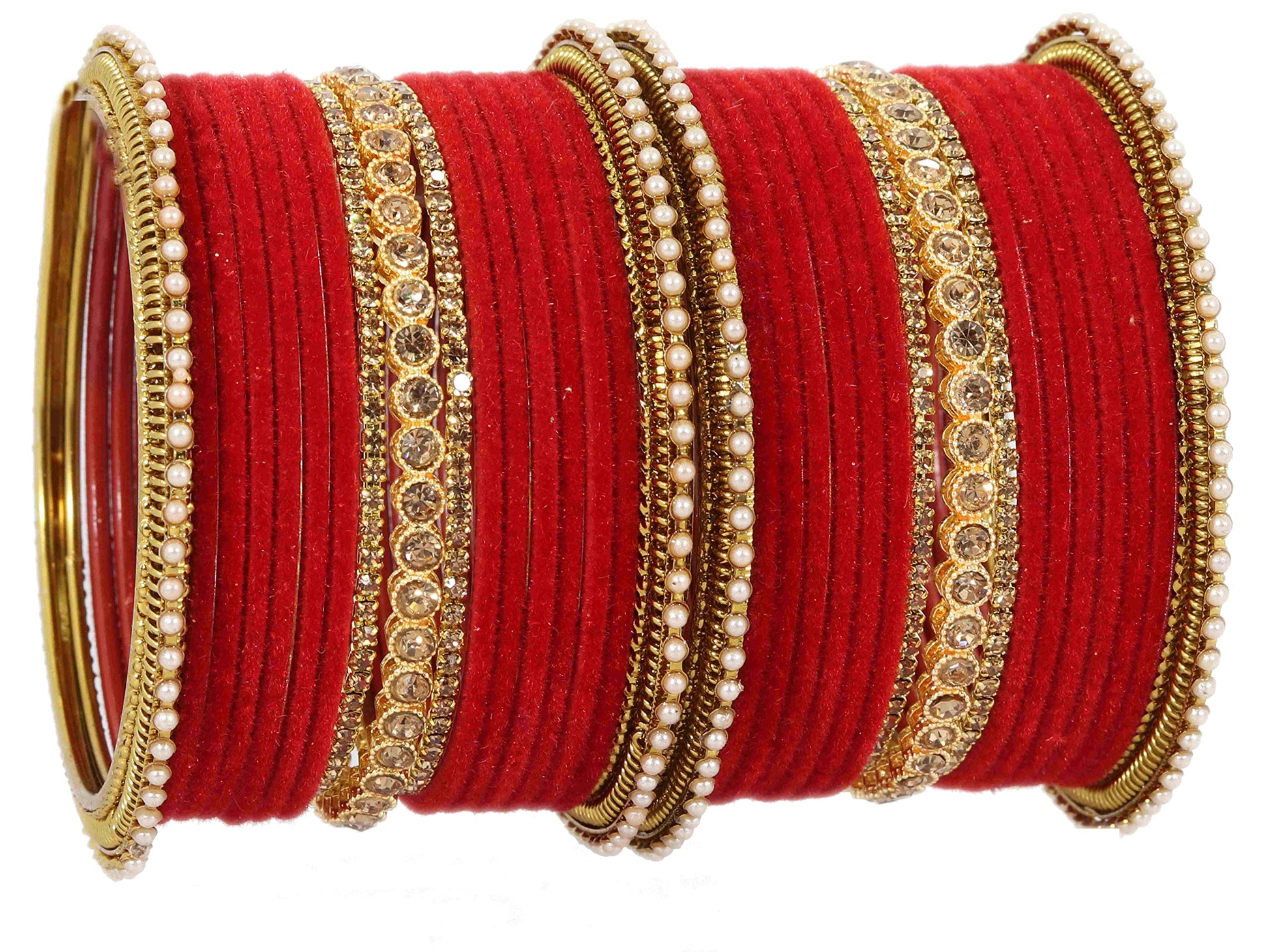 T4 Jewels Metal Velvet Bangles Studded Zircon Diamond Stone & Pearls | Stylish Women's Bangles | Metal bangles | Gold Plated Bangles Red T4 Jewels