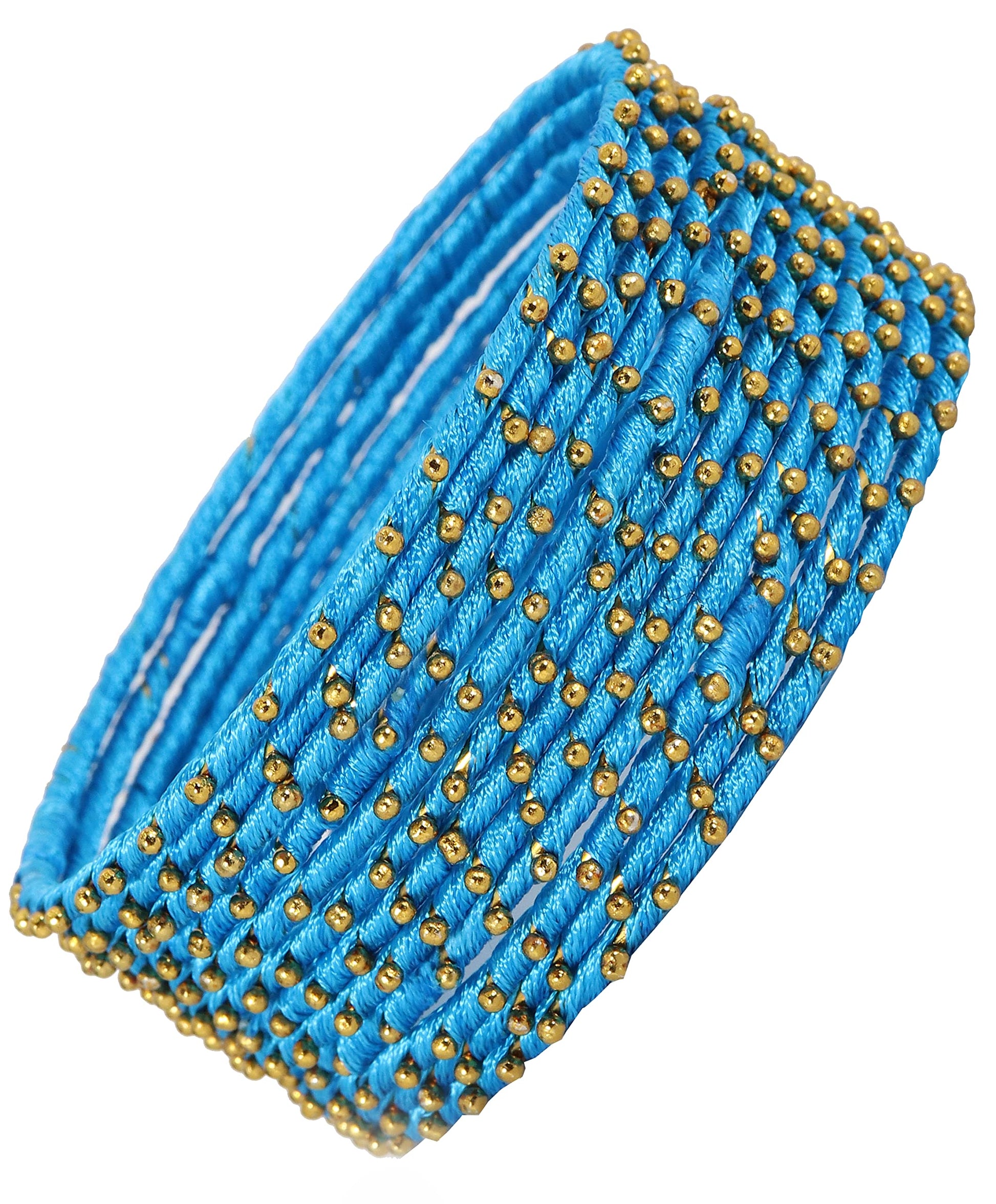 T4 Jewels Non-Precious Metal with Silk thread and Linked with Ball stone Glossy Finished Bangle Set For Women and Girls SkyBlue T4 Jewels