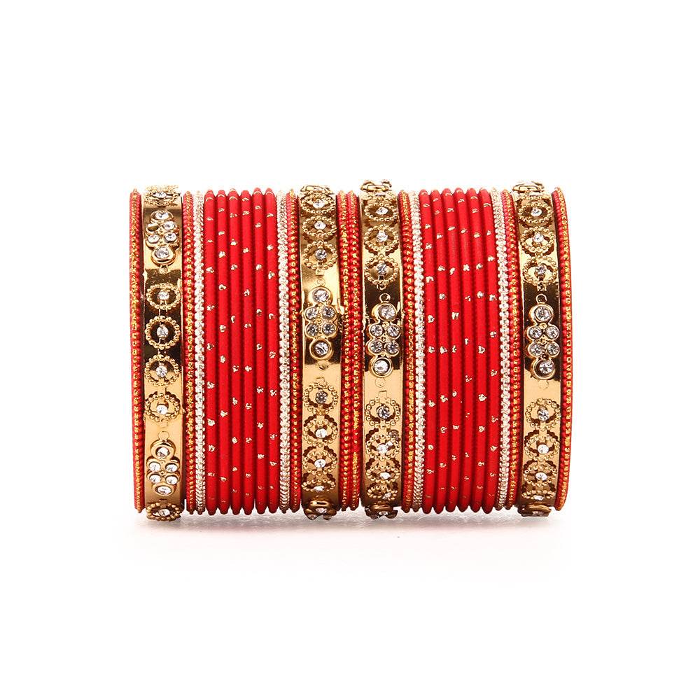 Traditional Bangle Set With Golden Dotted Bangles BY T4 Jewels Red All Bangle Sets T4 Jewels