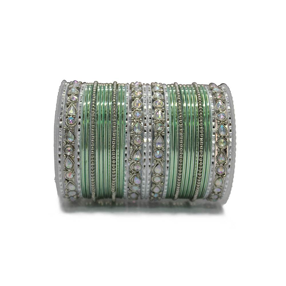 Kundan Gold Plating Bangle Set Light Green-Silver All Bangle Sets T4 Jewels
