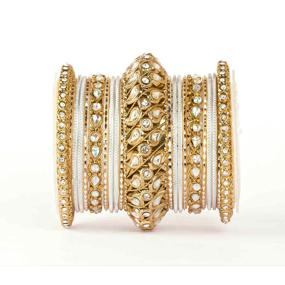 Traditional All Kundan Bangle Set For One Hand Silver-Golden All Bangle Sets T4 Jewels