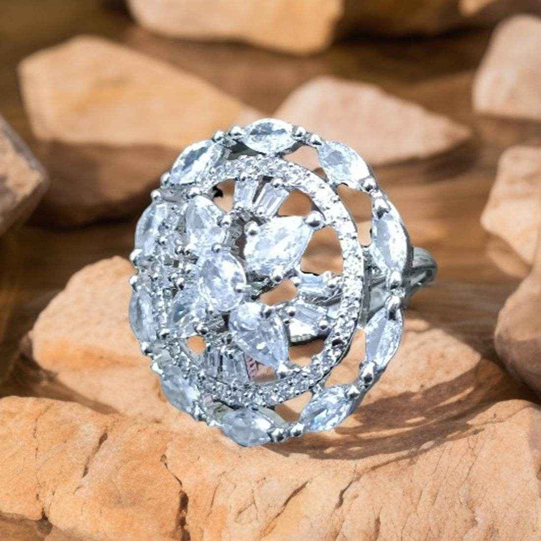 T4 Jewels Free Size Circle Design American Diamond Silver Color Ring Rings T4 Jewels