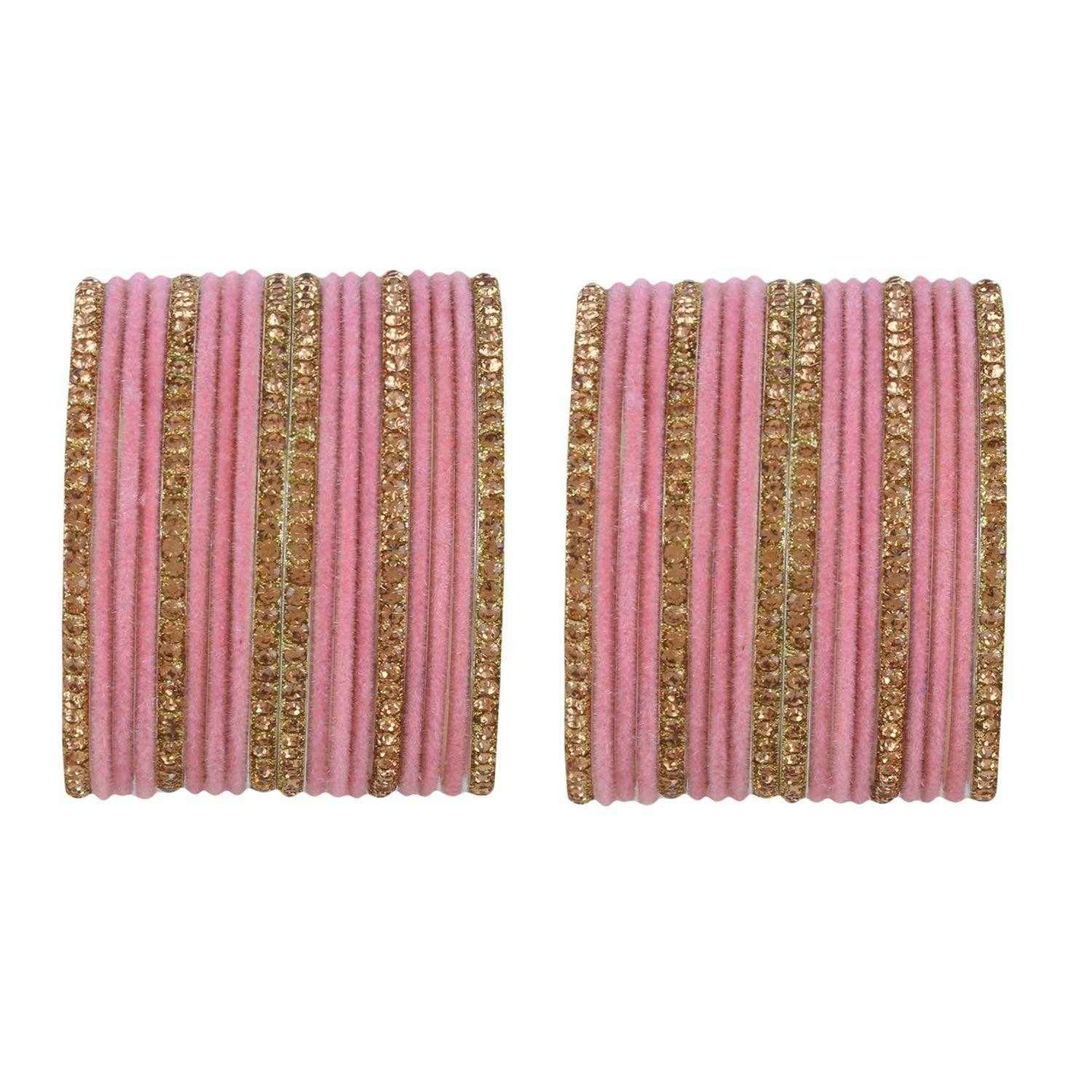 T4 Jewels Velvet Bangle Set With Golden Bangles-69 Baby Pink All Bangle Sets T4 Jewels