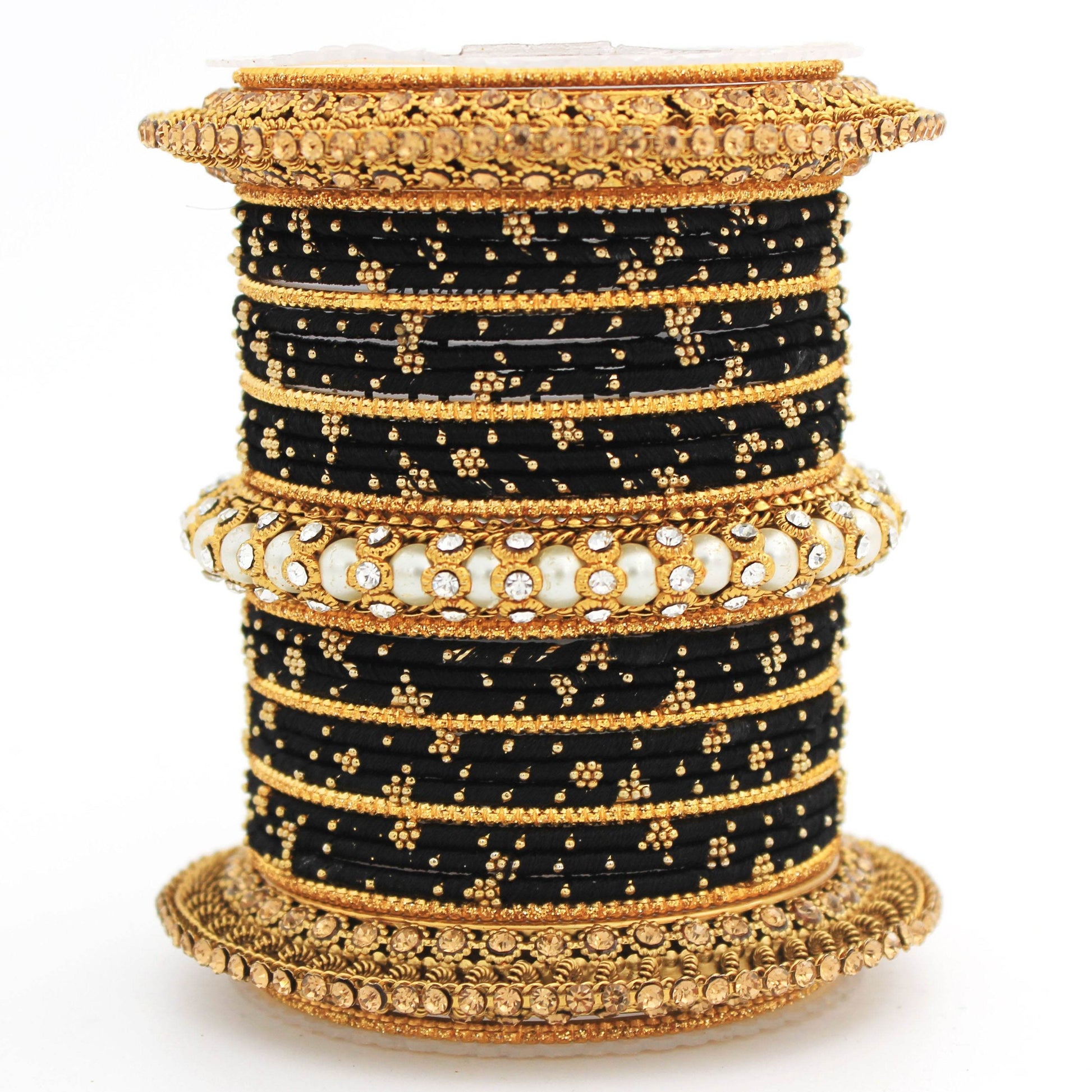 Traditional Thread bangle set with Pearl centre kada by T4 Jewels Black All Bangle Sets T4 Jewels