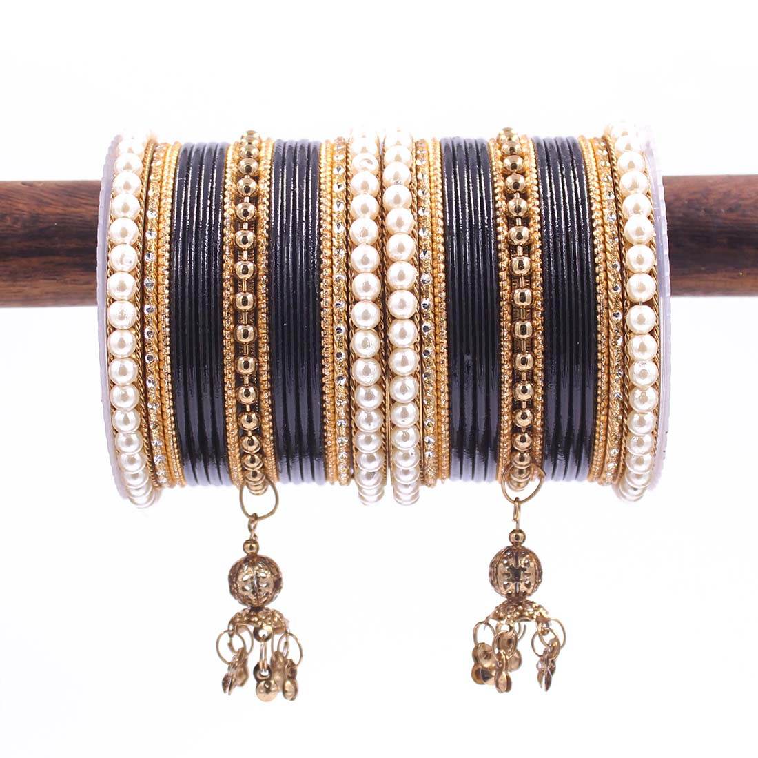 Traditional Solid Coloured Bangle Set with Pearl and Jhumki by T4 Jewels Black All Bangle Sets T4 Jewels